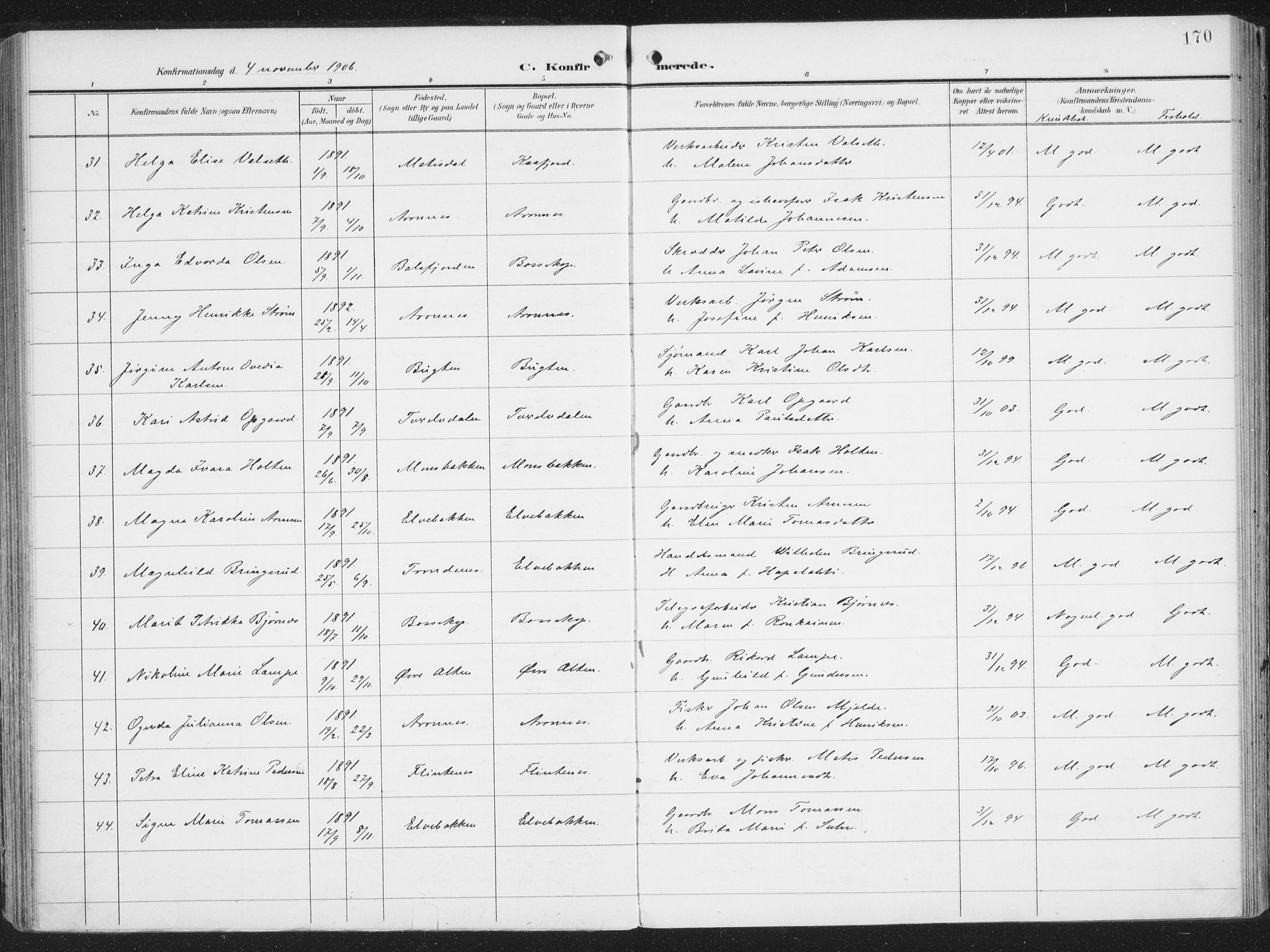 Alta sokneprestkontor, AV/SATØ-S-1338/H/Ha/L0005.kirke: Parish register (official) no. 5, 1904-1918, p. 170