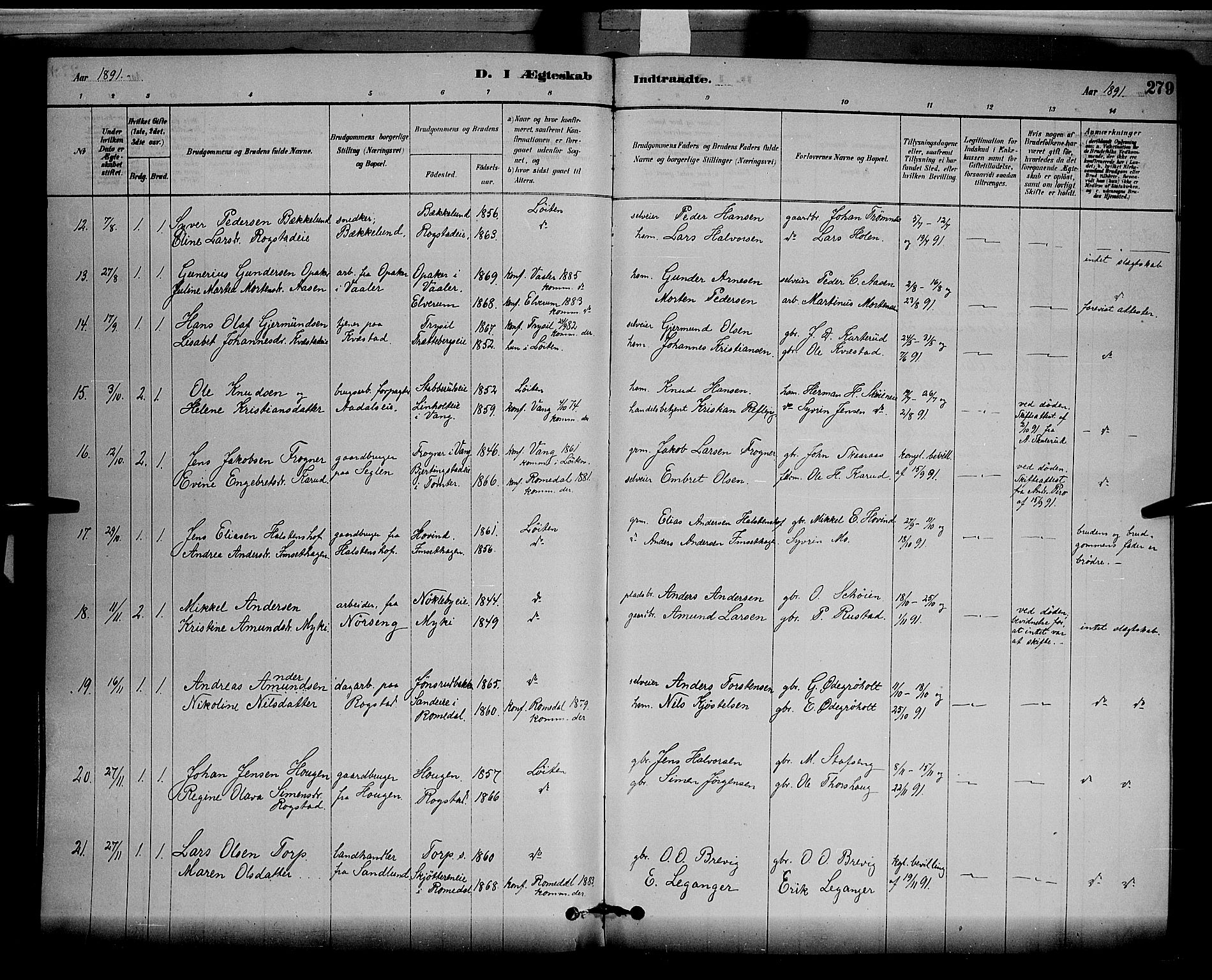 Løten prestekontor, AV/SAH-PREST-022/L/La/L0005: Parish register (copy) no. 5, 1878-1891, p. 279