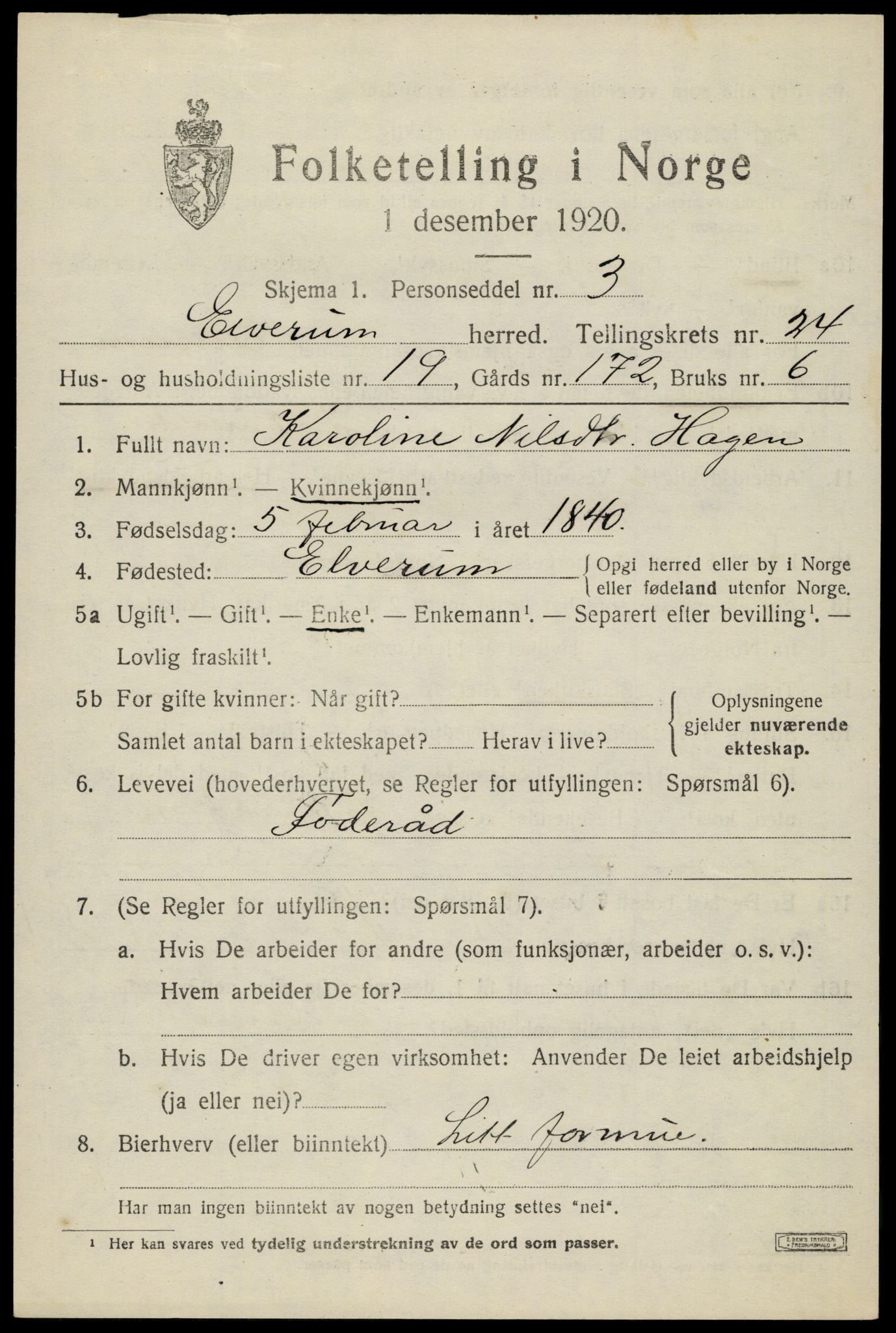 SAH, 1920 census for Elverum, 1920, p. 25728