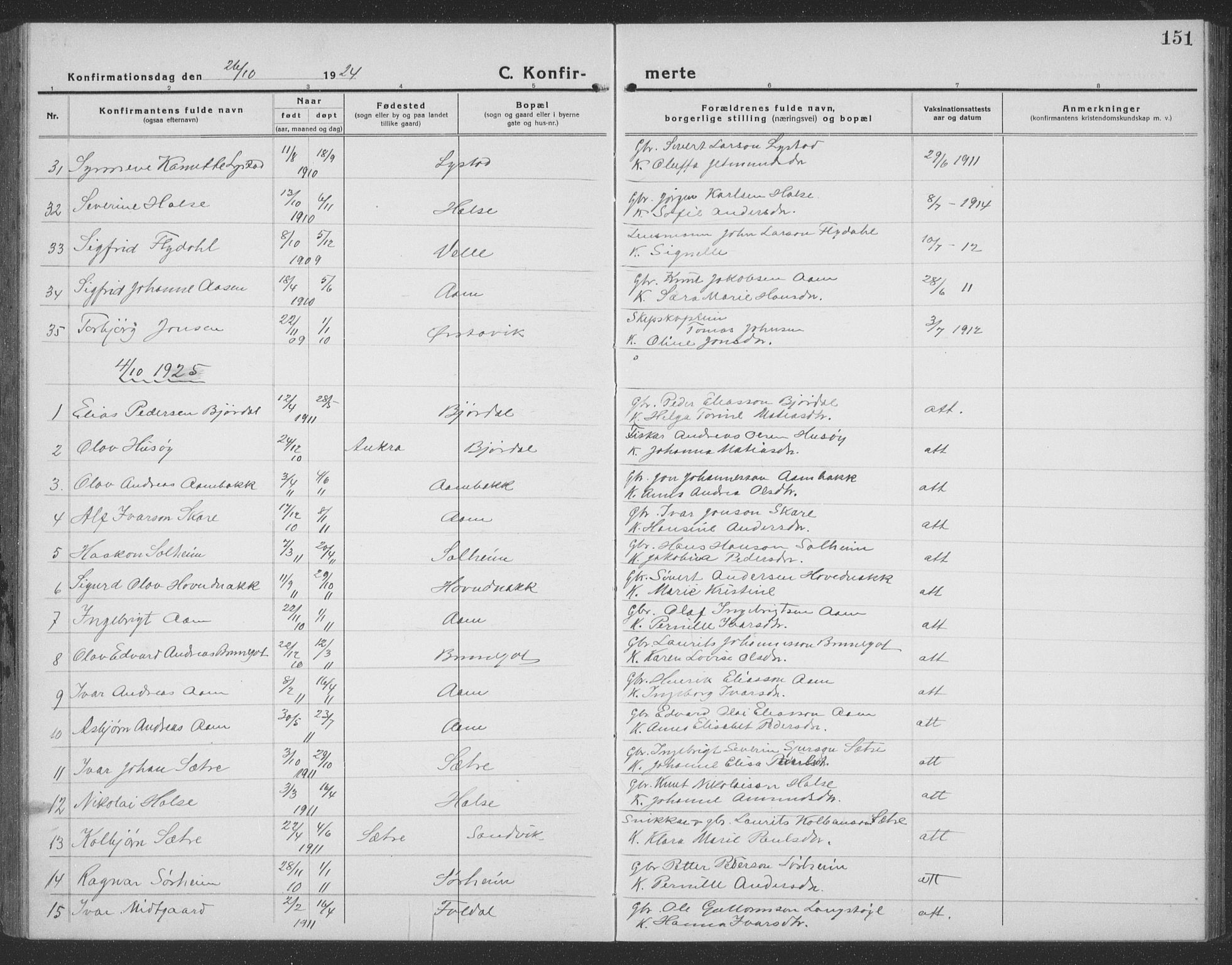 Ministerialprotokoller, klokkerbøker og fødselsregistre - Møre og Romsdal, SAT/A-1454/513/L0191: Parish register (copy) no. 513C05, 1920-1941, p. 151