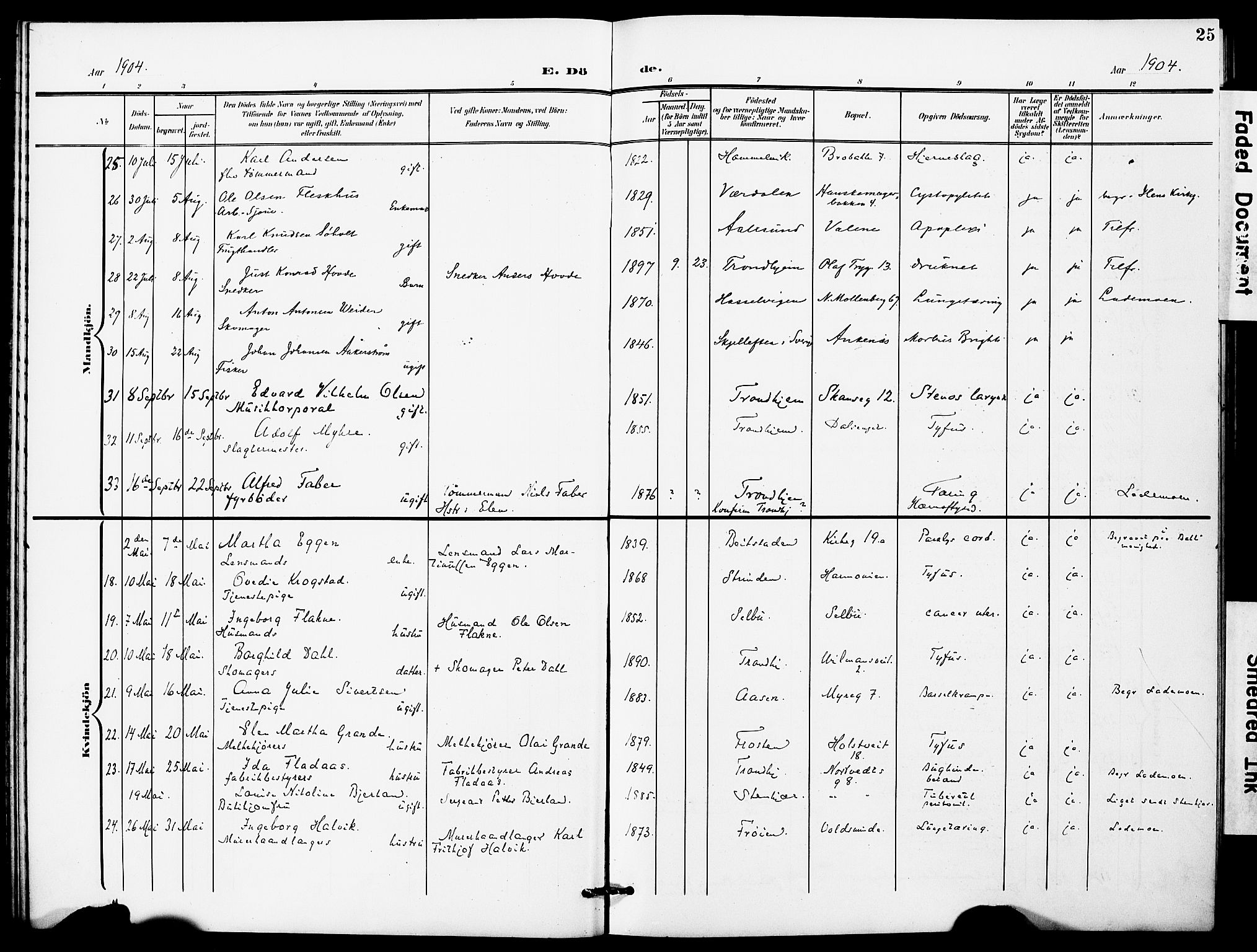 Ministerialprotokoller, klokkerbøker og fødselsregistre - Sør-Trøndelag, AV/SAT-A-1456/628/L0483: Parish register (official) no. 628A01, 1902-1920, p. 25