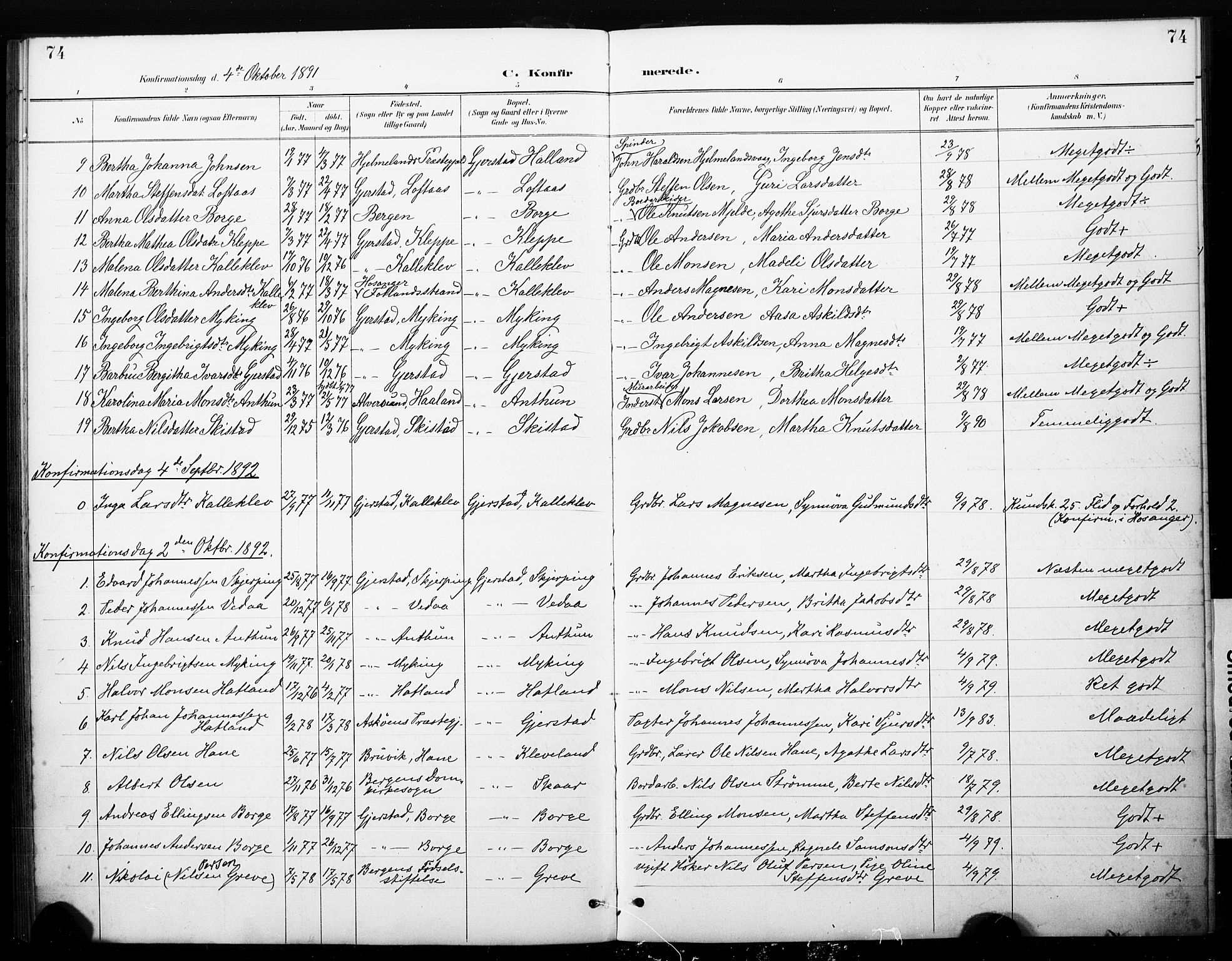 Haus sokneprestembete, SAB/A-75601/H/Haa: Parish register (official) no. C 1, 1887-1899, p. 74