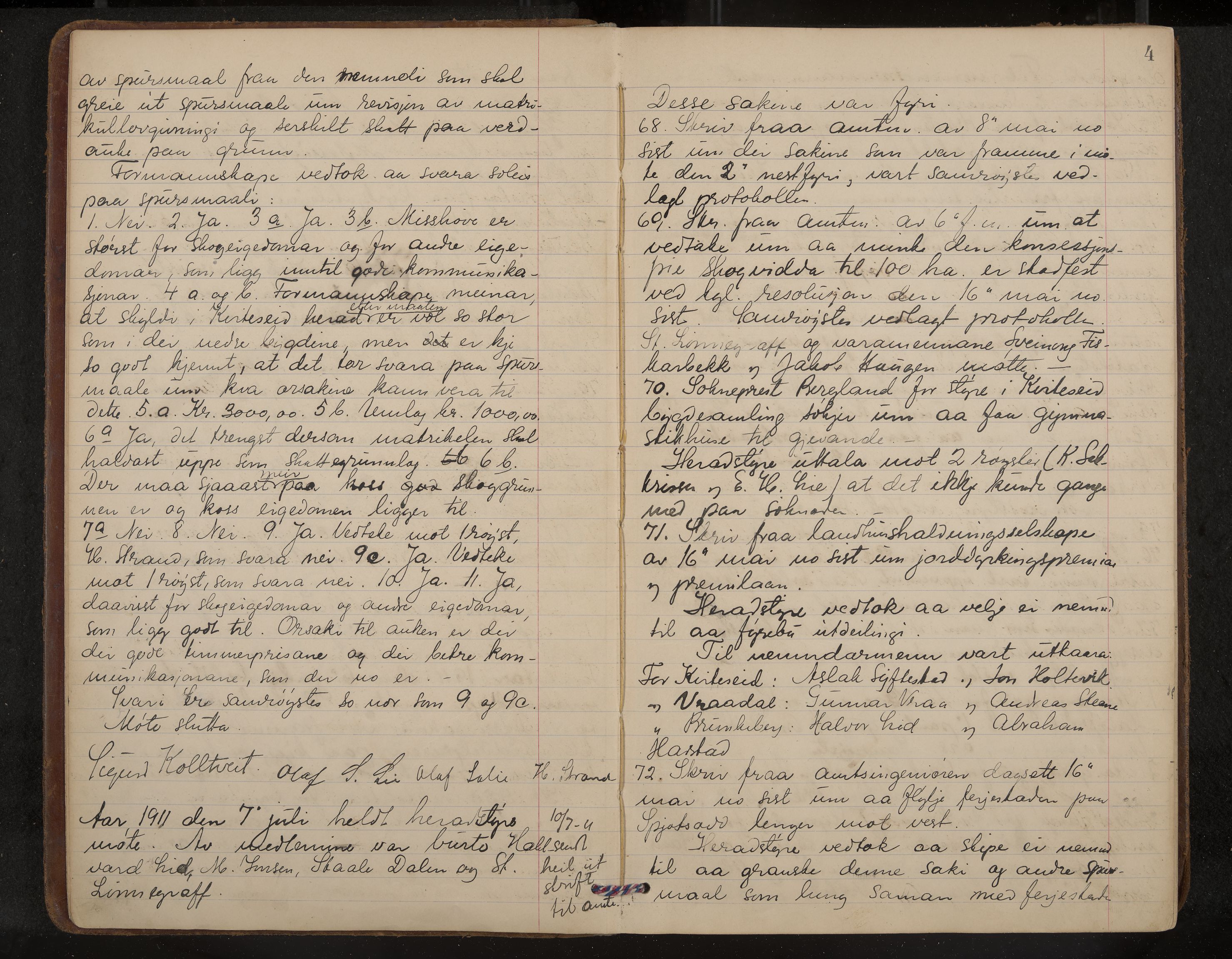 Kviteseid formannskap og sentraladministrasjon, IKAK/0829021/A/Aa/L0005: Møtebok, 1911-1918, p. 4