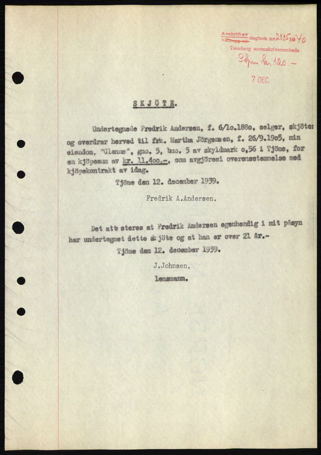 Tønsberg sorenskriveri, AV/SAKO-A-130/G/Ga/Gaa/L0009: Mortgage book no. A9, 1940-1941, Diary no: : 2835/1940