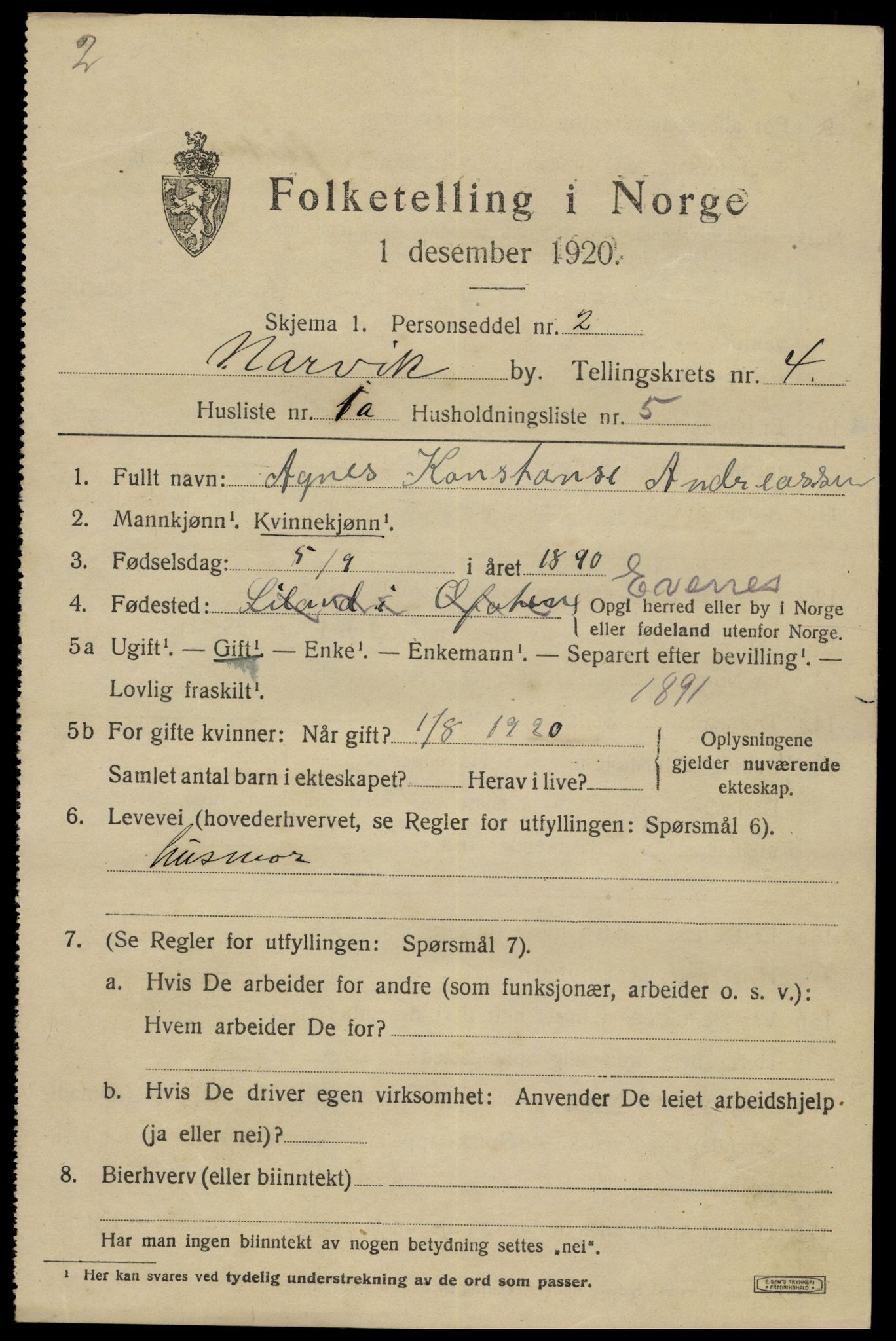 SAT, 1920 census for Narvik, 1920, p. 14316