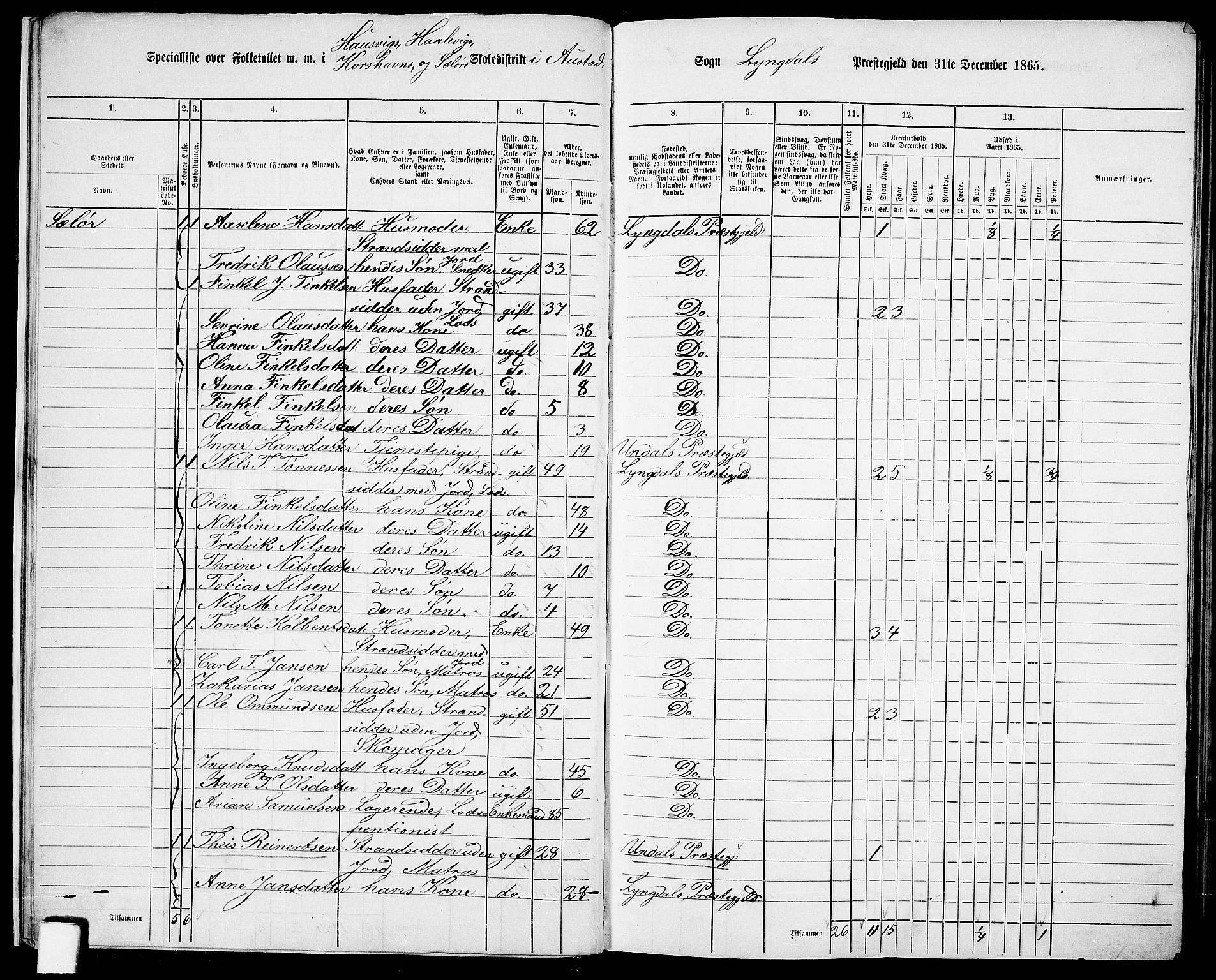 RA, 1865 census for Lyngdal, 1865, p. 21