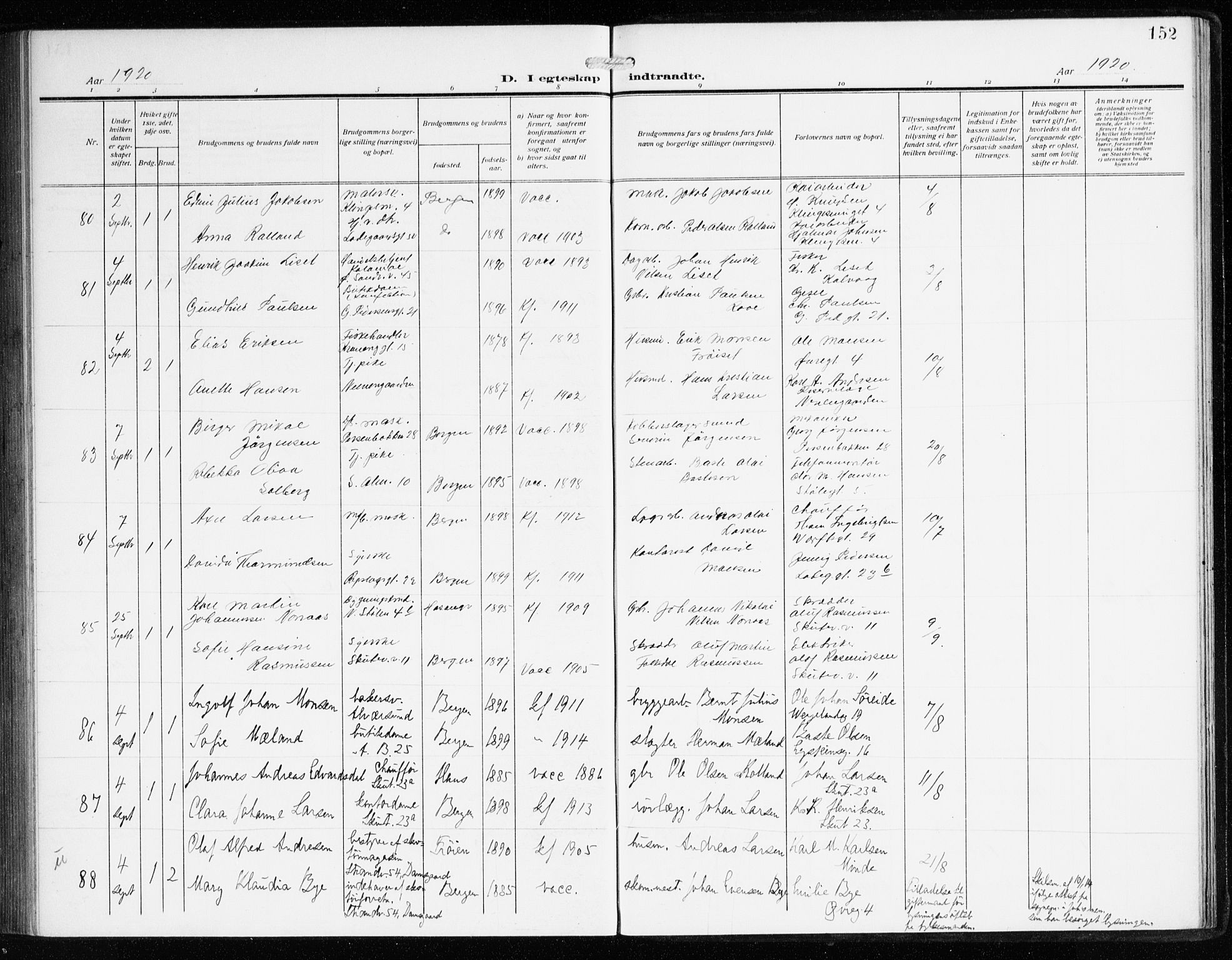 Sandviken Sokneprestembete, AV/SAB-A-77601/H/Ha/L0015: Parish register (official) no. D 2, 1911-1923, p. 152