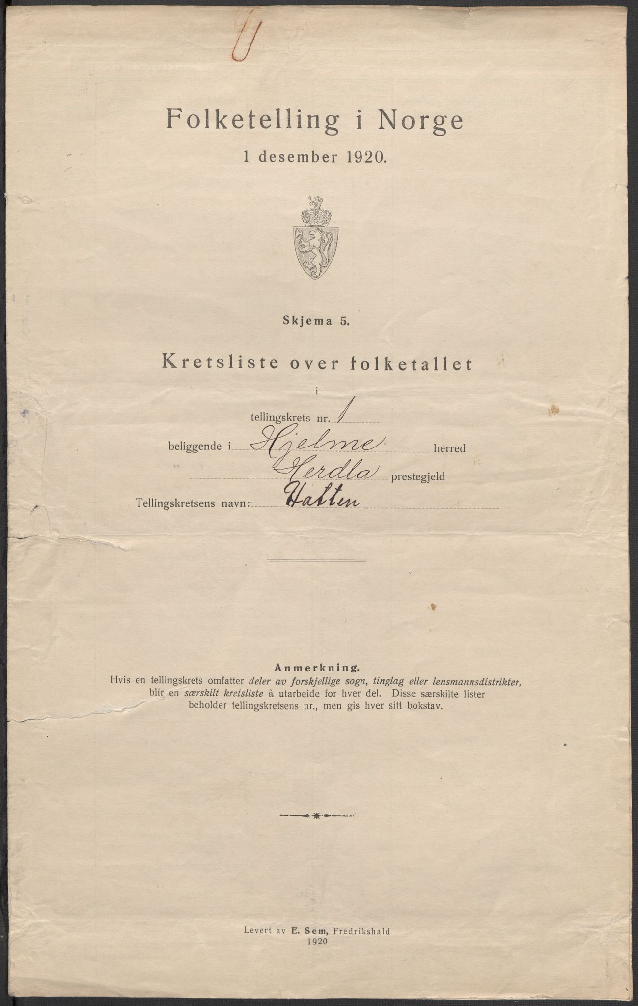 SAB, 1920 census for Hjelme, 1920, p. 5