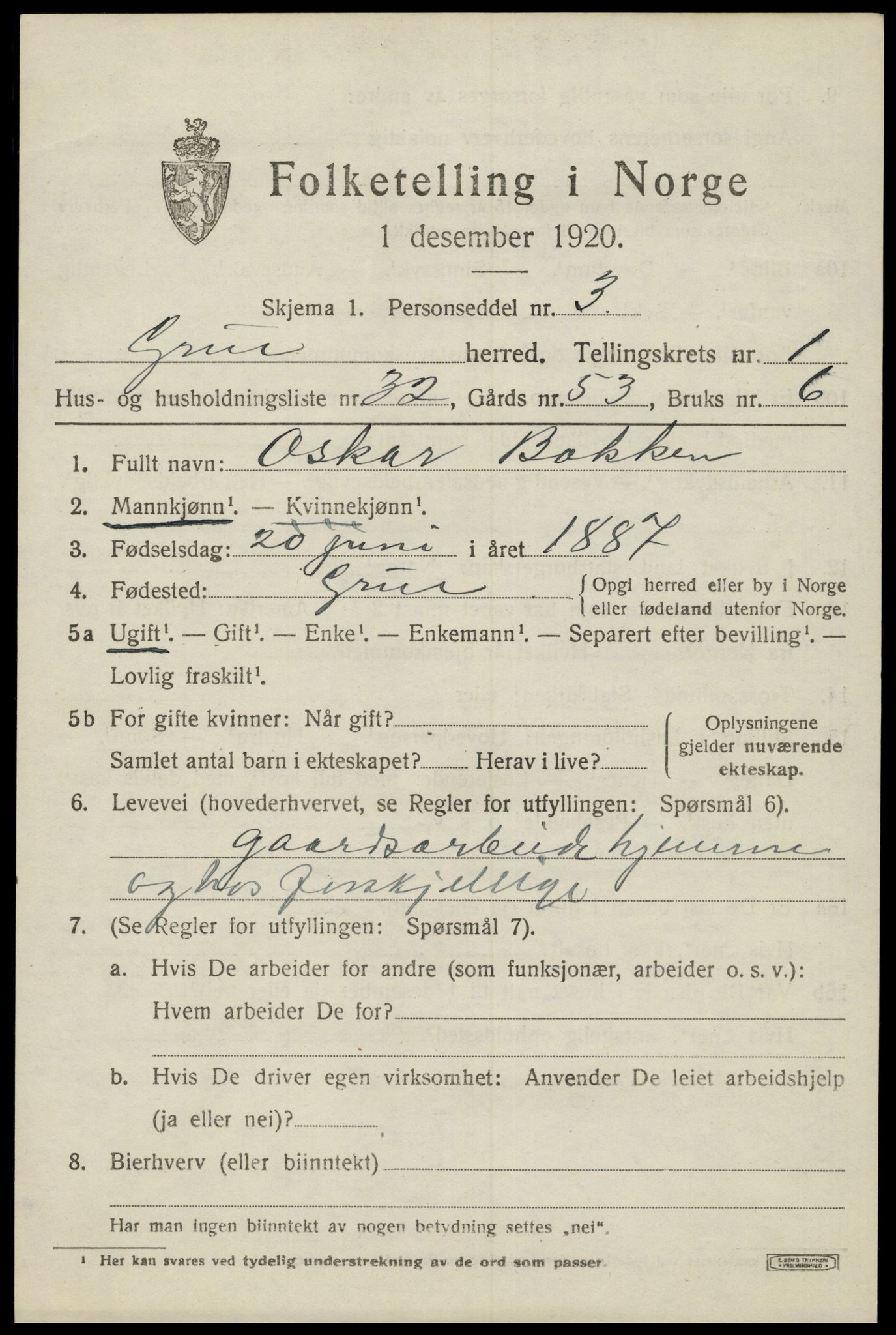 SAH, 1920 census for Grue, 1920, p. 2835