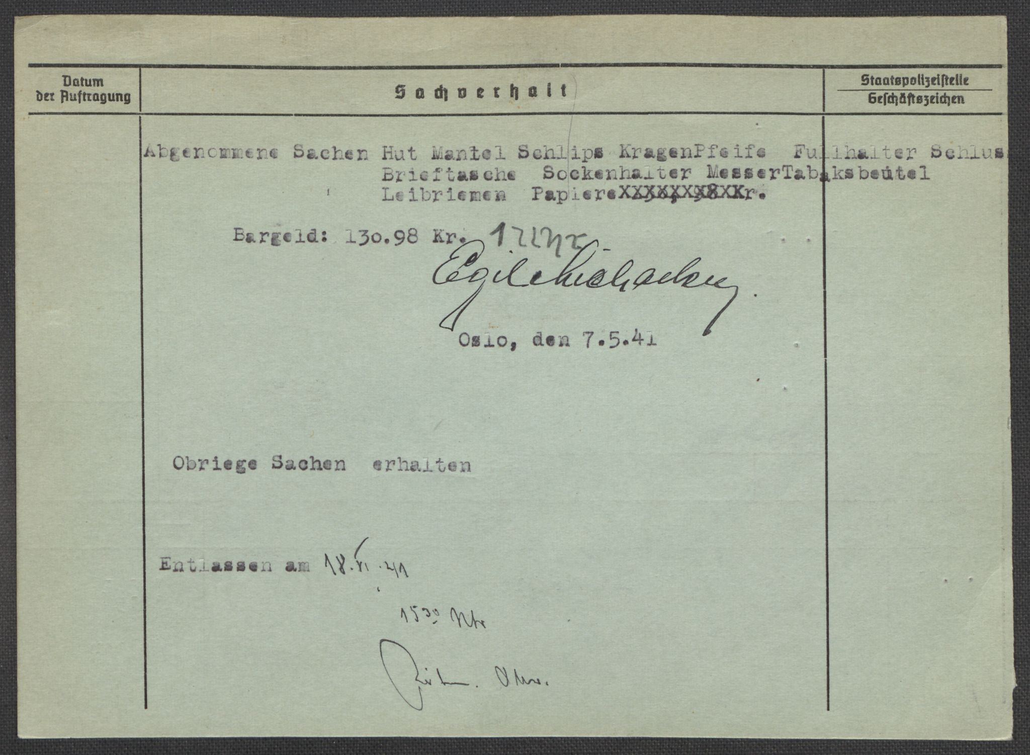 Befehlshaber der Sicherheitspolizei und des SD, RA/RAFA-5969/E/Ea/Eaa/L0007: Register over norske fanger i Møllergata 19: Lundb-N, 1940-1945, p. 579
