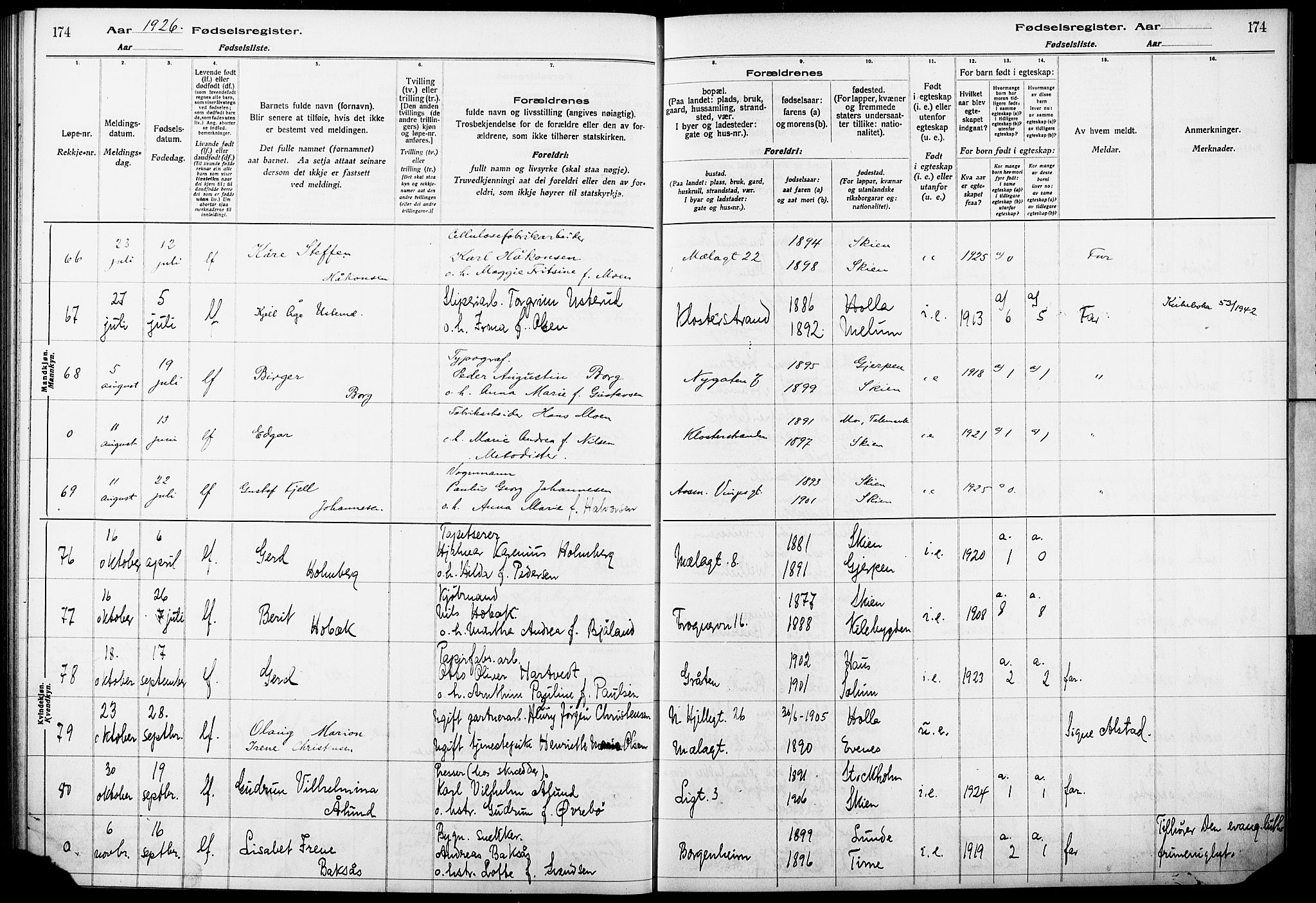 Skien kirkebøker, AV/SAKO-A-302/J/Ja/L0002: Birth register no. 2, 1921-1927, p. 174