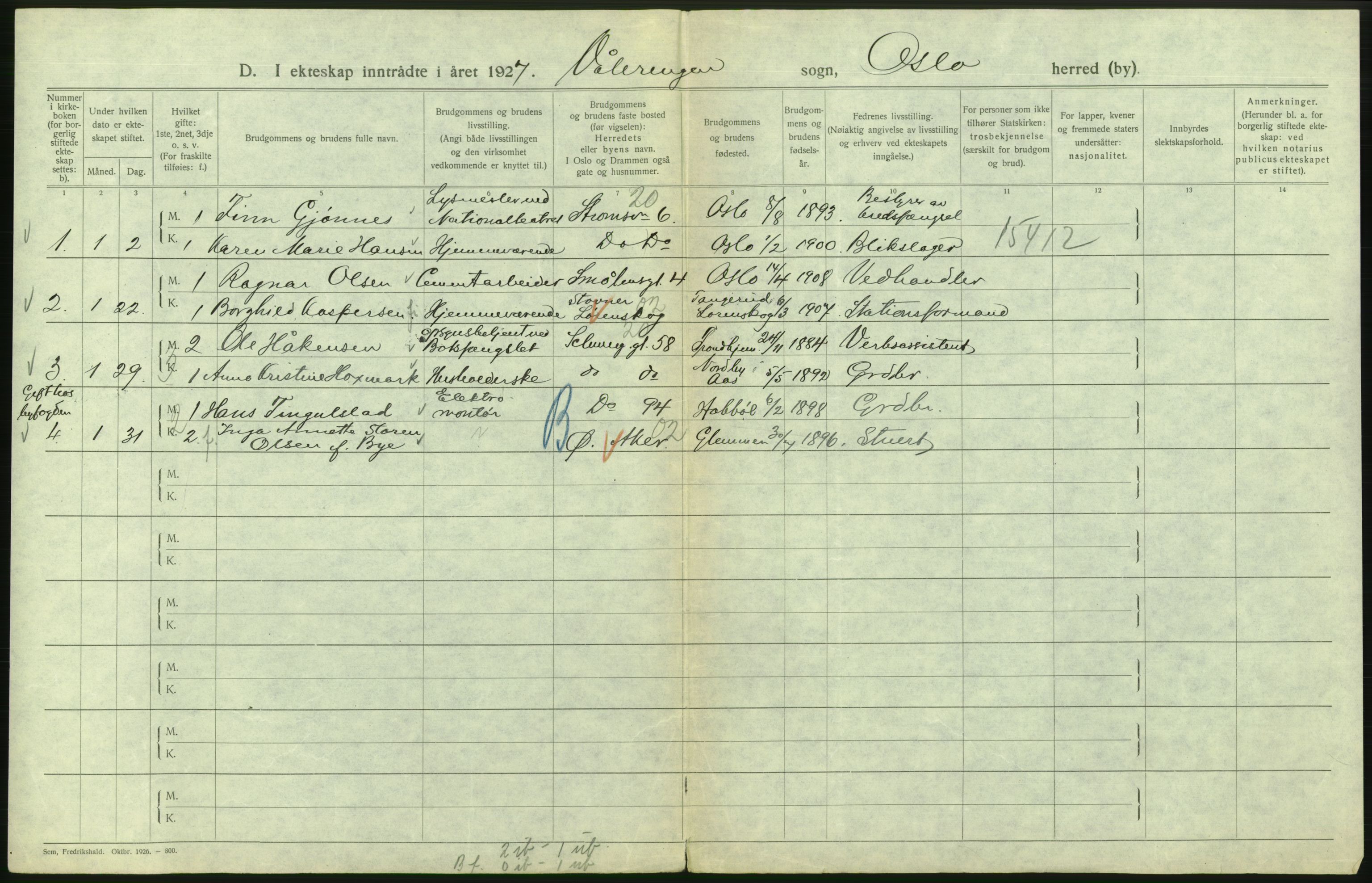 Statistisk sentralbyrå, Sosiodemografiske emner, Befolkning, AV/RA-S-2228/D/Df/Dfc/Dfcg/L0008: Oslo: Gifte, 1927, p. 582