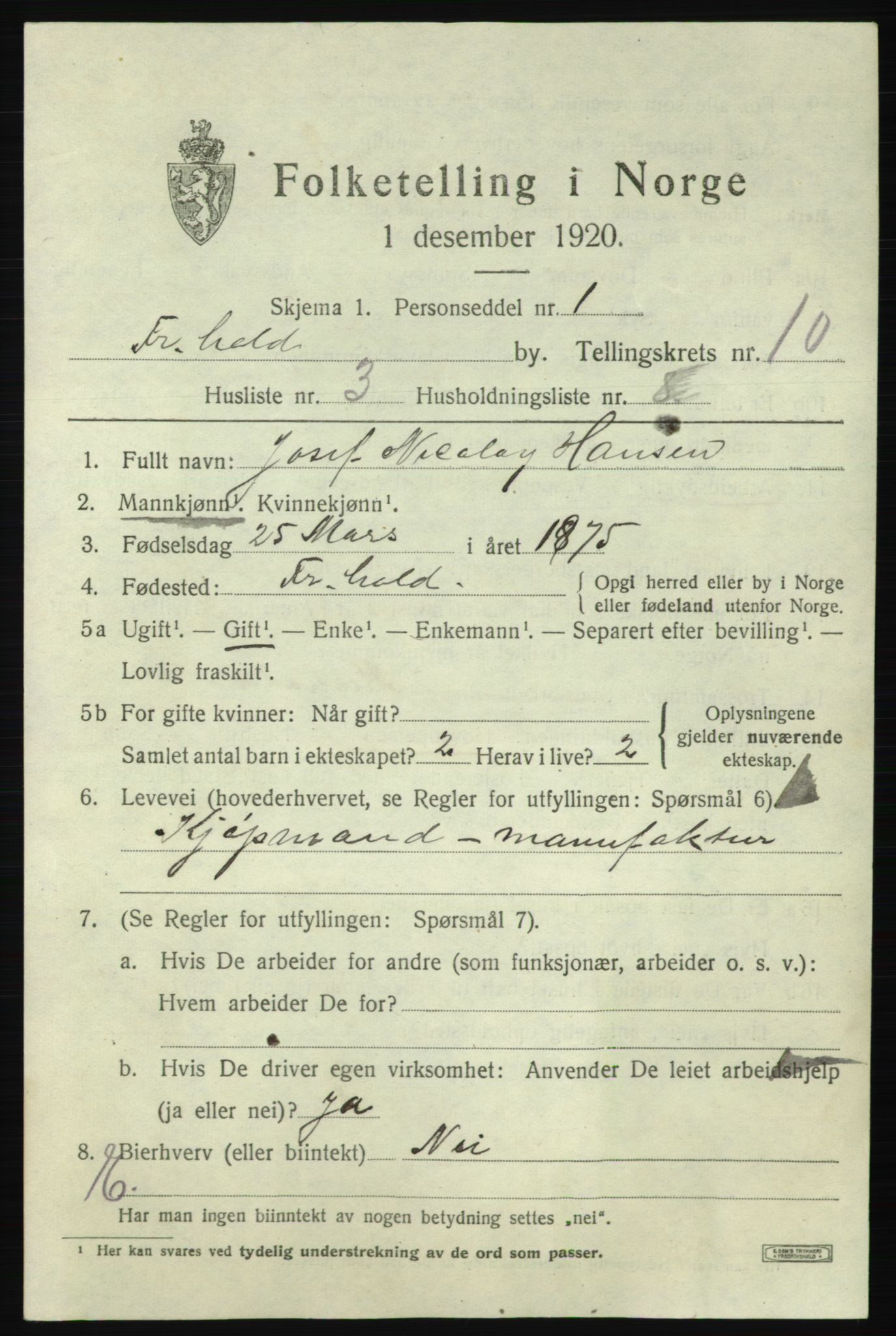 SAO, 1920 census for Fredrikshald, 1920, p. 17496