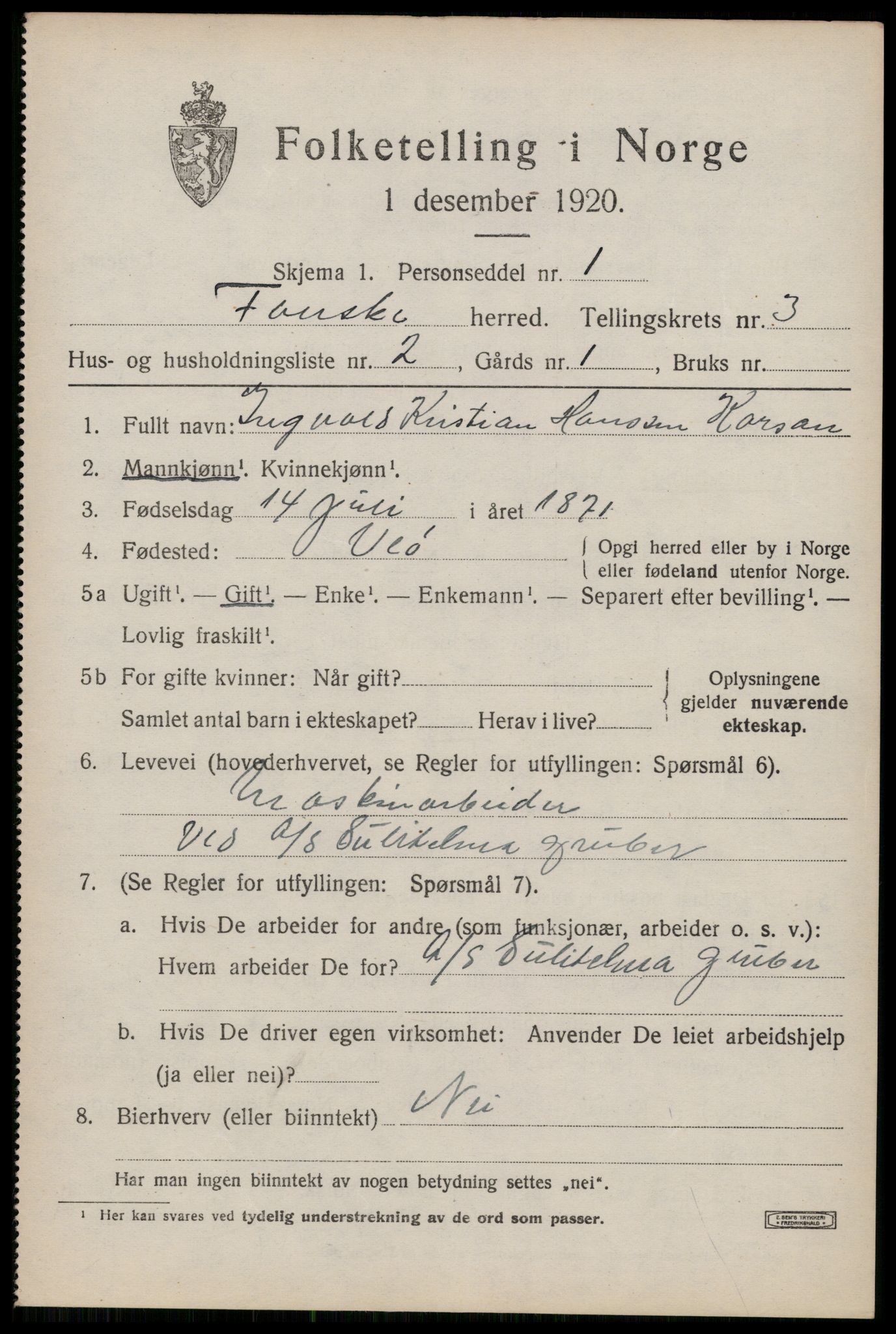 SAT, 1920 census for Fauske, 1920, p. 3516