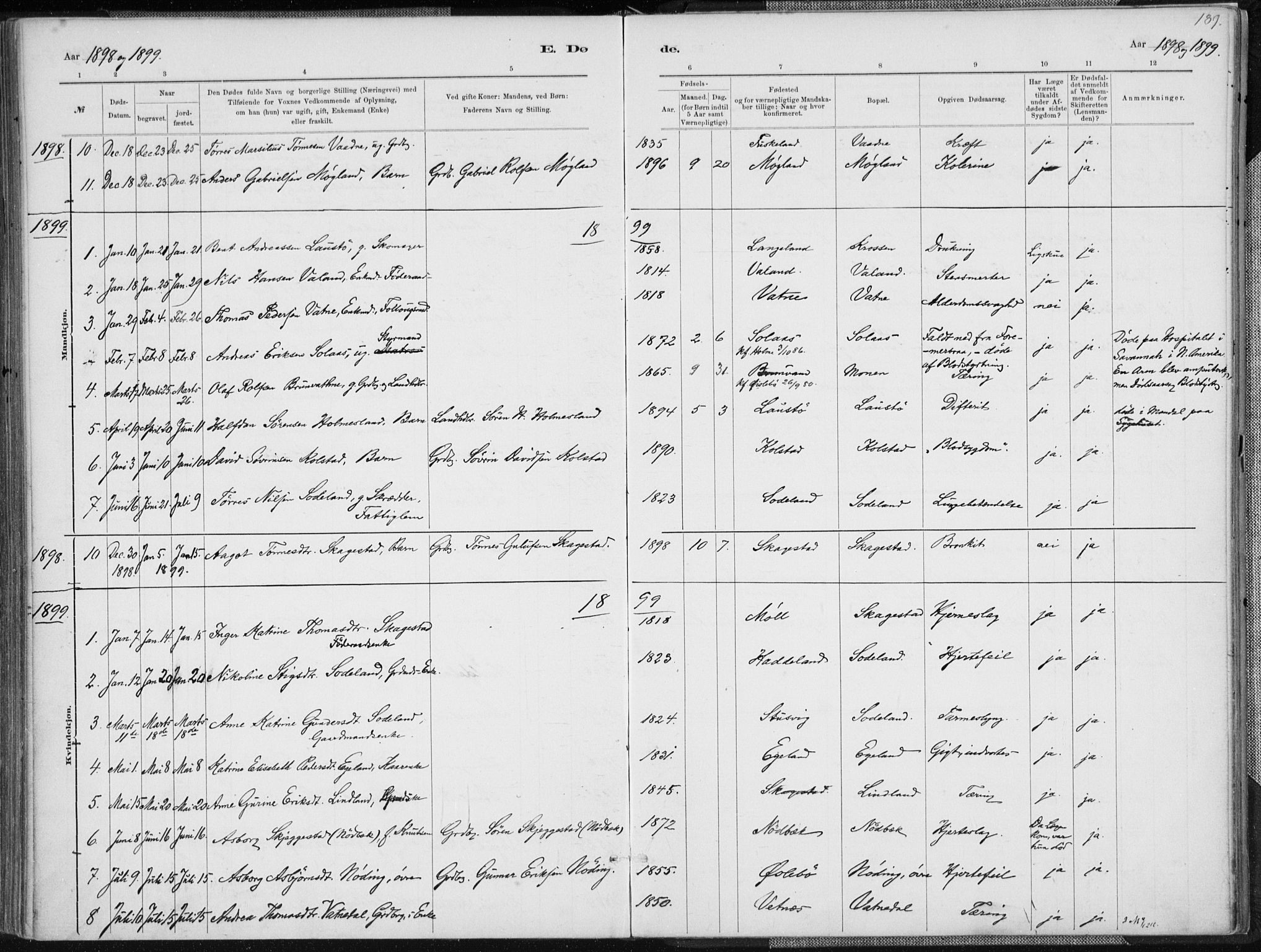 Holum sokneprestkontor, SAK/1111-0022/F/Fa/Faa/L0007: Parish register (official) no. A 7, 1884-1907, p. 189