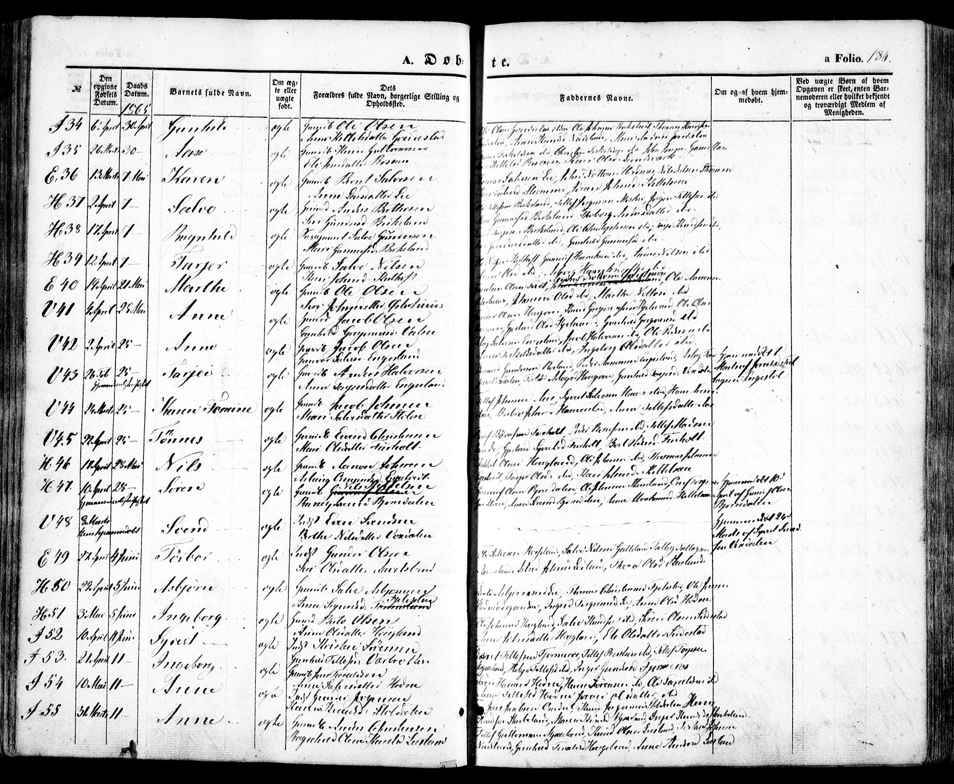 Evje sokneprestkontor, AV/SAK-1111-0008/F/Fa/Faa/L0005: Parish register (official) no. A 5, 1843-1865, p. 186