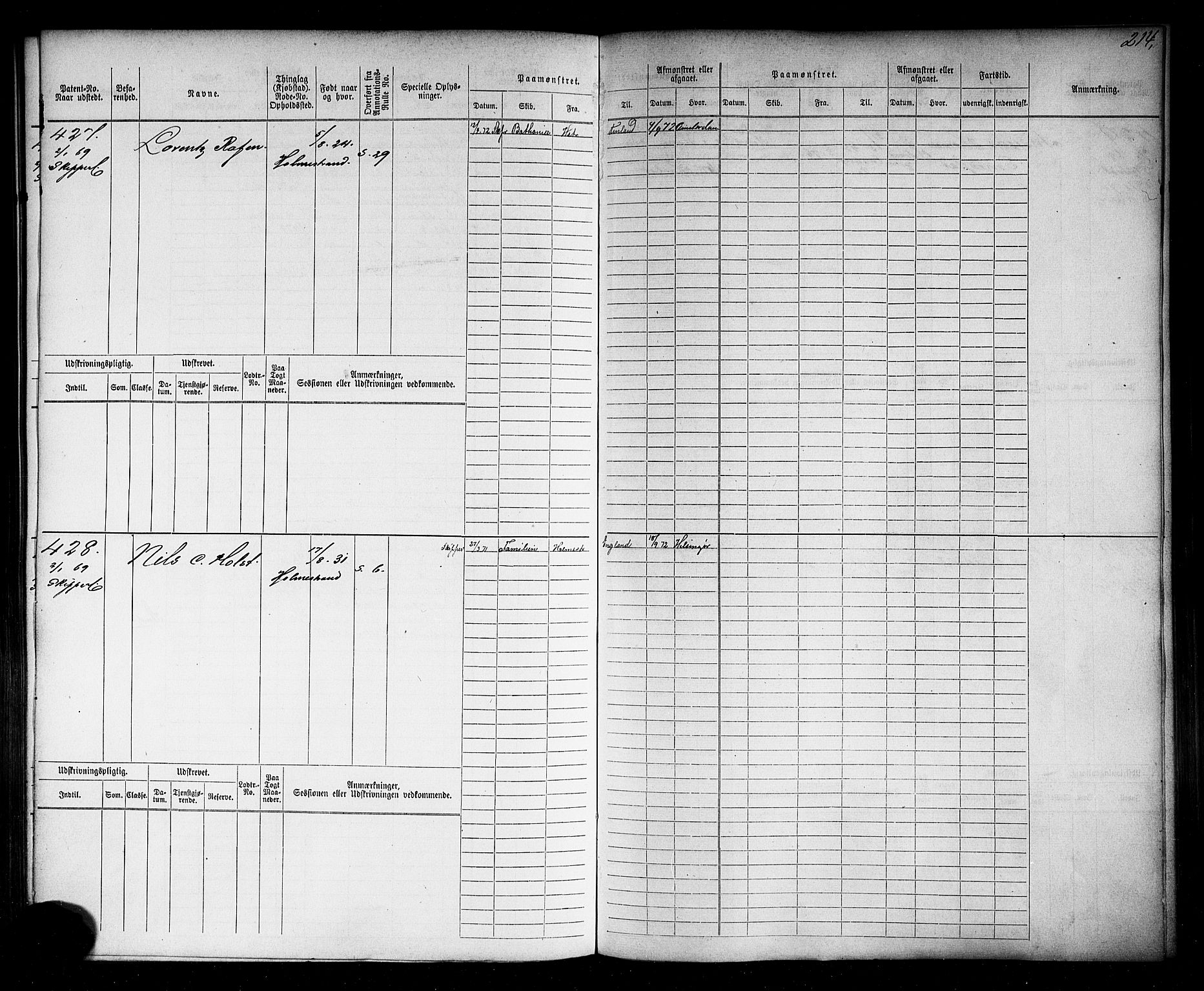 Holmestrand innrulleringskontor, SAKO/A-1151/F/Fc/L0001: Hovedrulle, 1868-1872, p. 218