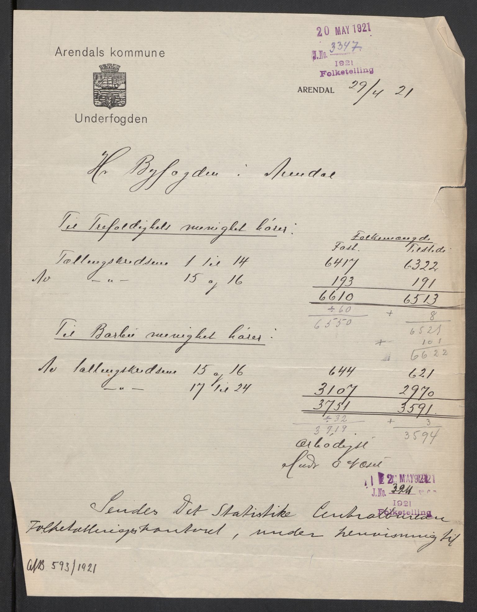 SAK, 1920 census for Arendal, 1920, p. 6