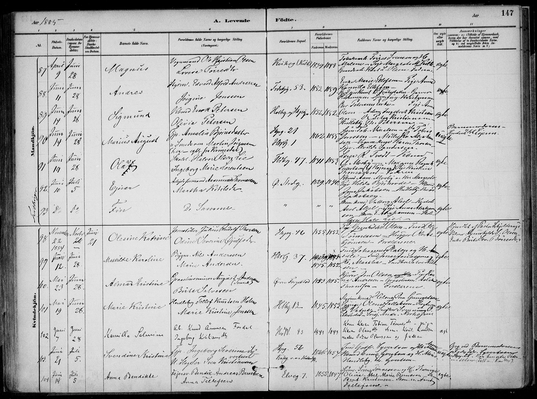 Kristiansand domprosti, SAK/1112-0006/F/Fa/L0016: Parish register (official) no. A 16A, 1880-1890, p. 147