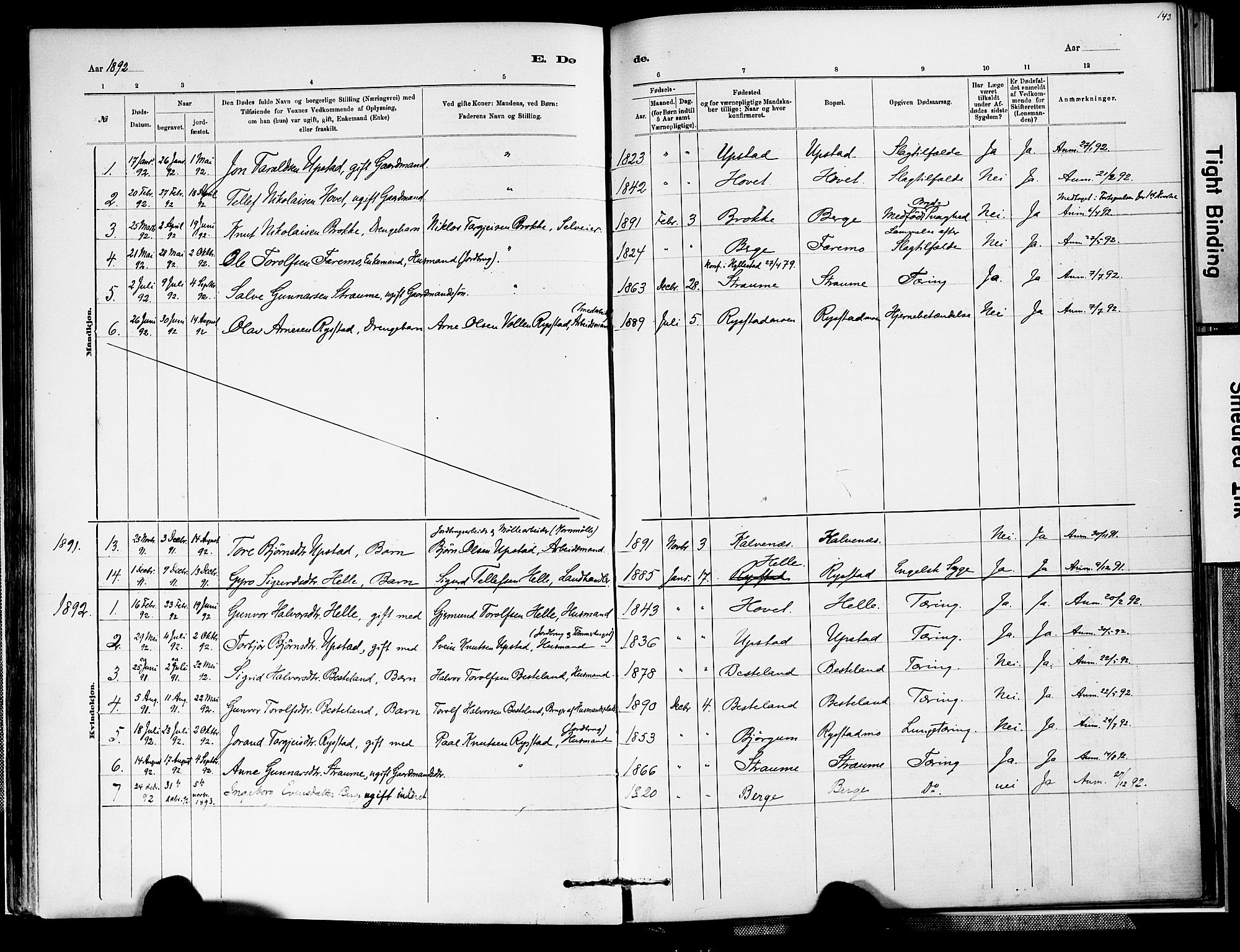 Valle sokneprestkontor, SAK/1111-0044/F/Fa/Fab/L0001: Parish register (official) no. A 1, 1882-1910, p. 143