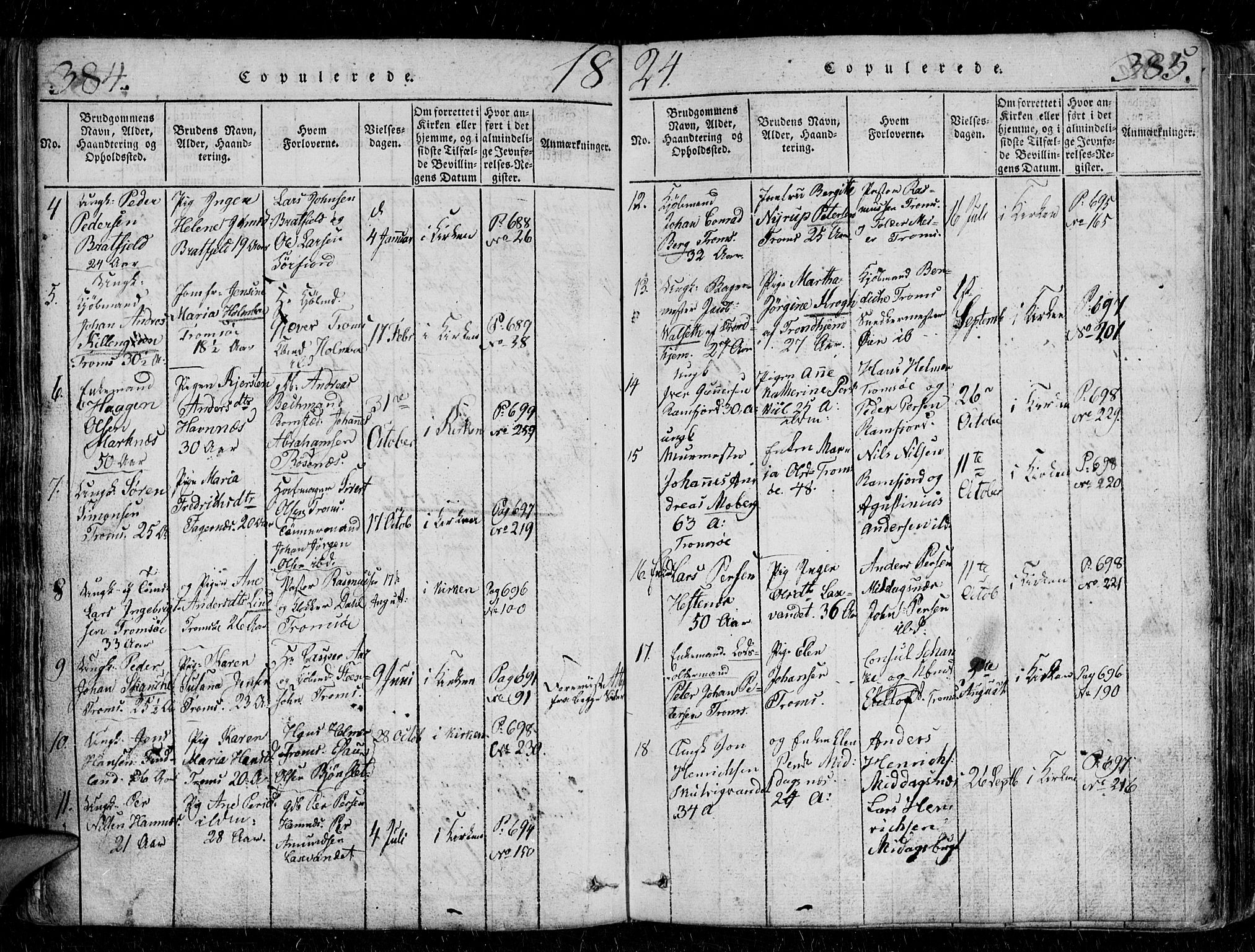 Tromsø sokneprestkontor/stiftsprosti/domprosti, AV/SATØ-S-1343/G/Gb/L0001klokker: Parish register (copy) no. 1, 1821-1833, p. 384-385