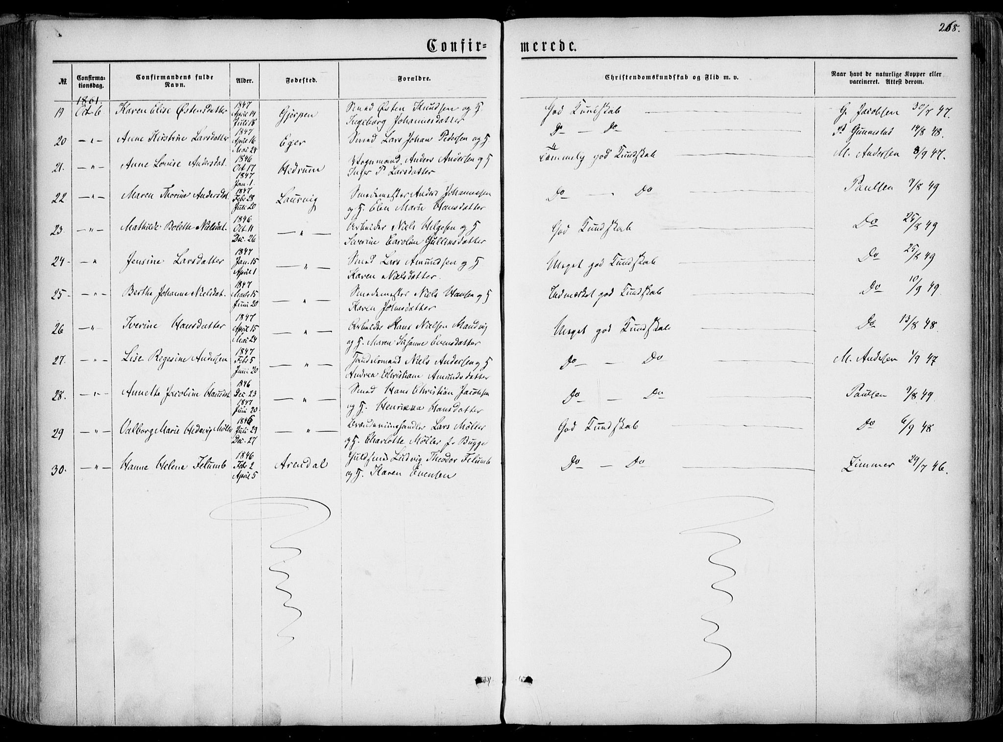 Larvik kirkebøker, AV/SAKO-A-352/F/Fa/L0004: Parish register (official) no. I 4, 1856-1870, p. 268