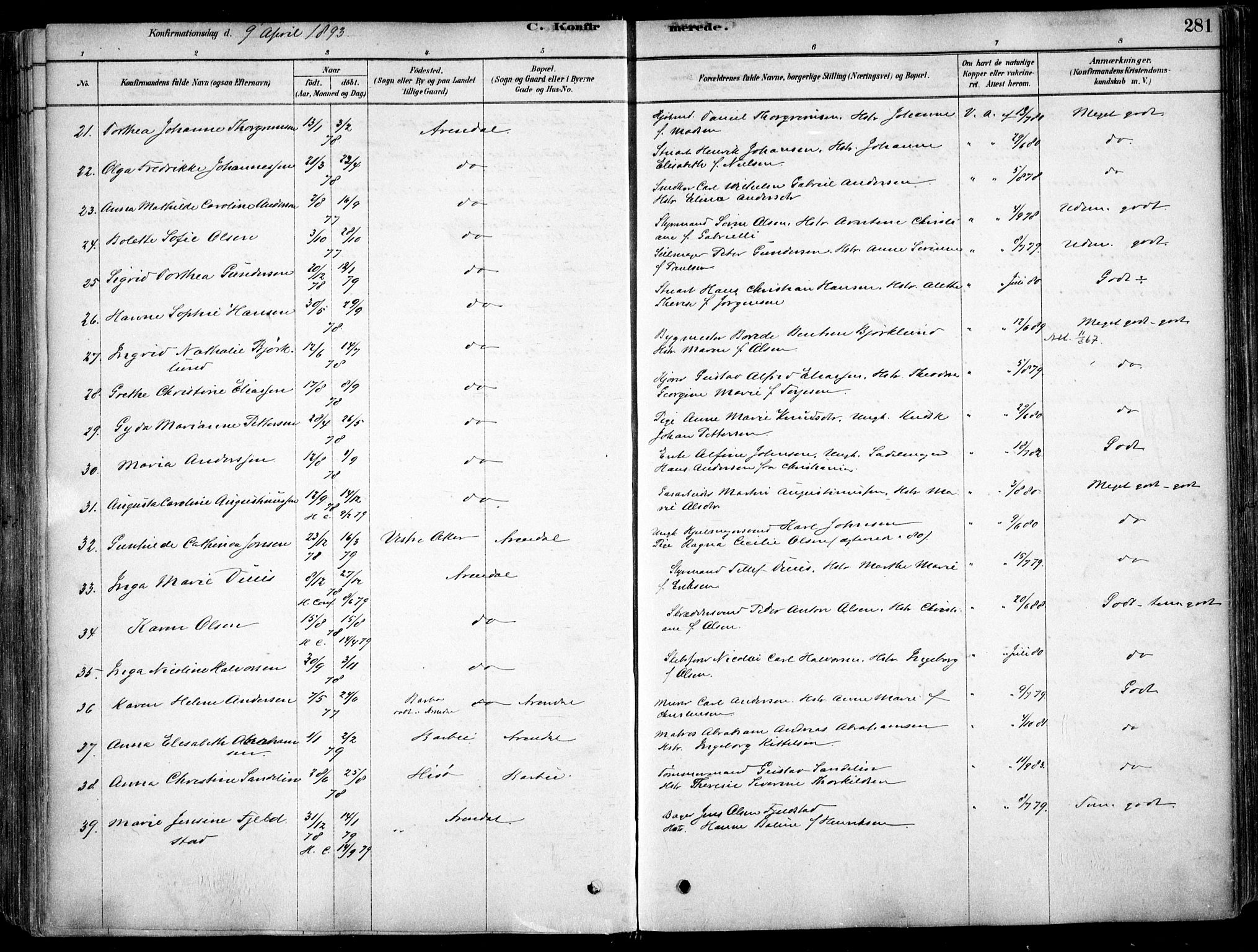 Arendal sokneprestkontor, Trefoldighet, AV/SAK-1111-0040/F/Fa/L0008: Parish register (official) no. A 8, 1878-1899, p. 281