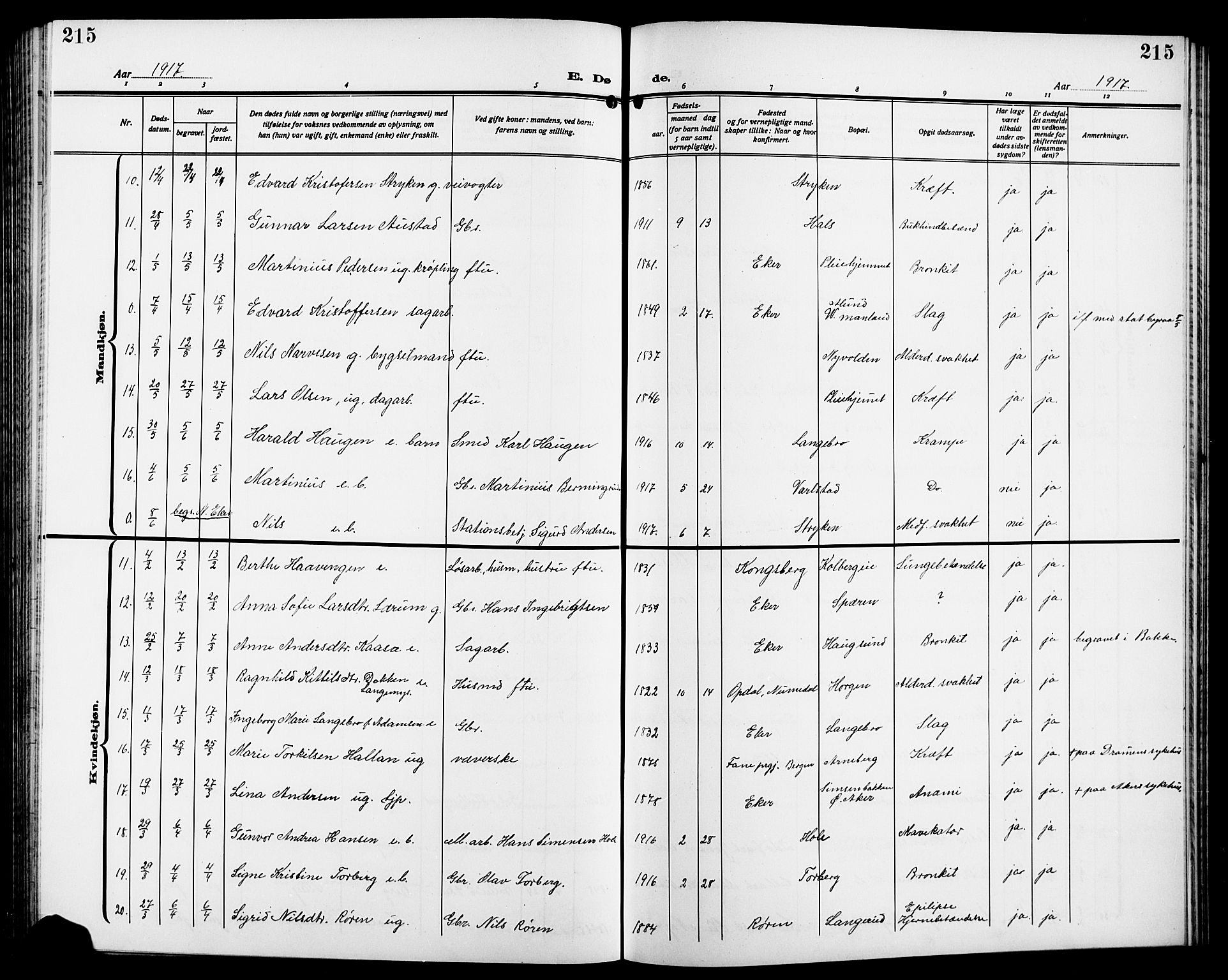 Eiker kirkebøker, AV/SAKO-A-4/G/Ga/L0009: Parish register (copy) no. I 9, 1915-1924, p. 215