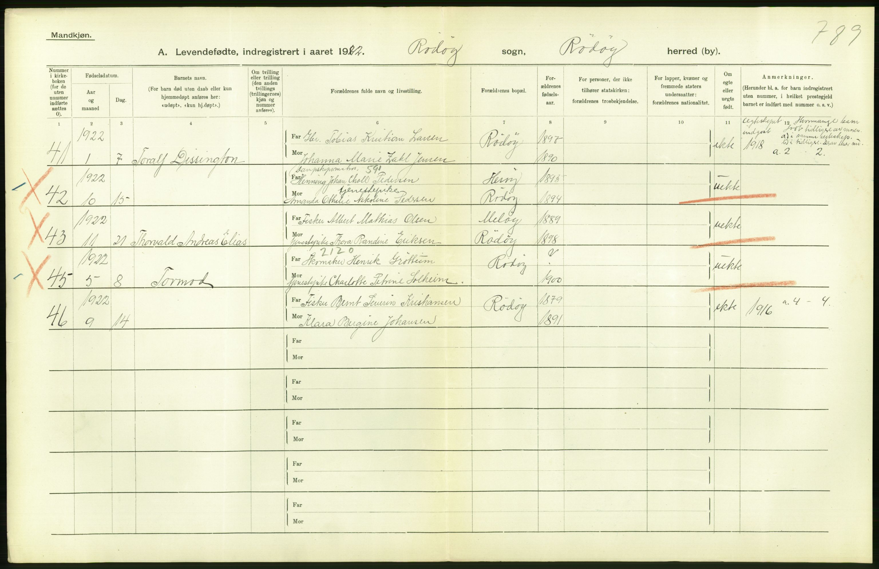 Statistisk sentralbyrå, Sosiodemografiske emner, Befolkning, AV/RA-S-2228/D/Df/Dfc/Dfcb/L0044: Nordland fylke: Levendefødte menn og kvinner. Bygder og byer., 1922, p. 324