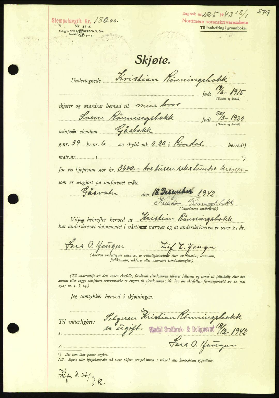Nordmøre sorenskriveri, AV/SAT-A-4132/1/2/2Ca: Mortgage book no. A94, 1942-1943, Diary no: : 125/1943