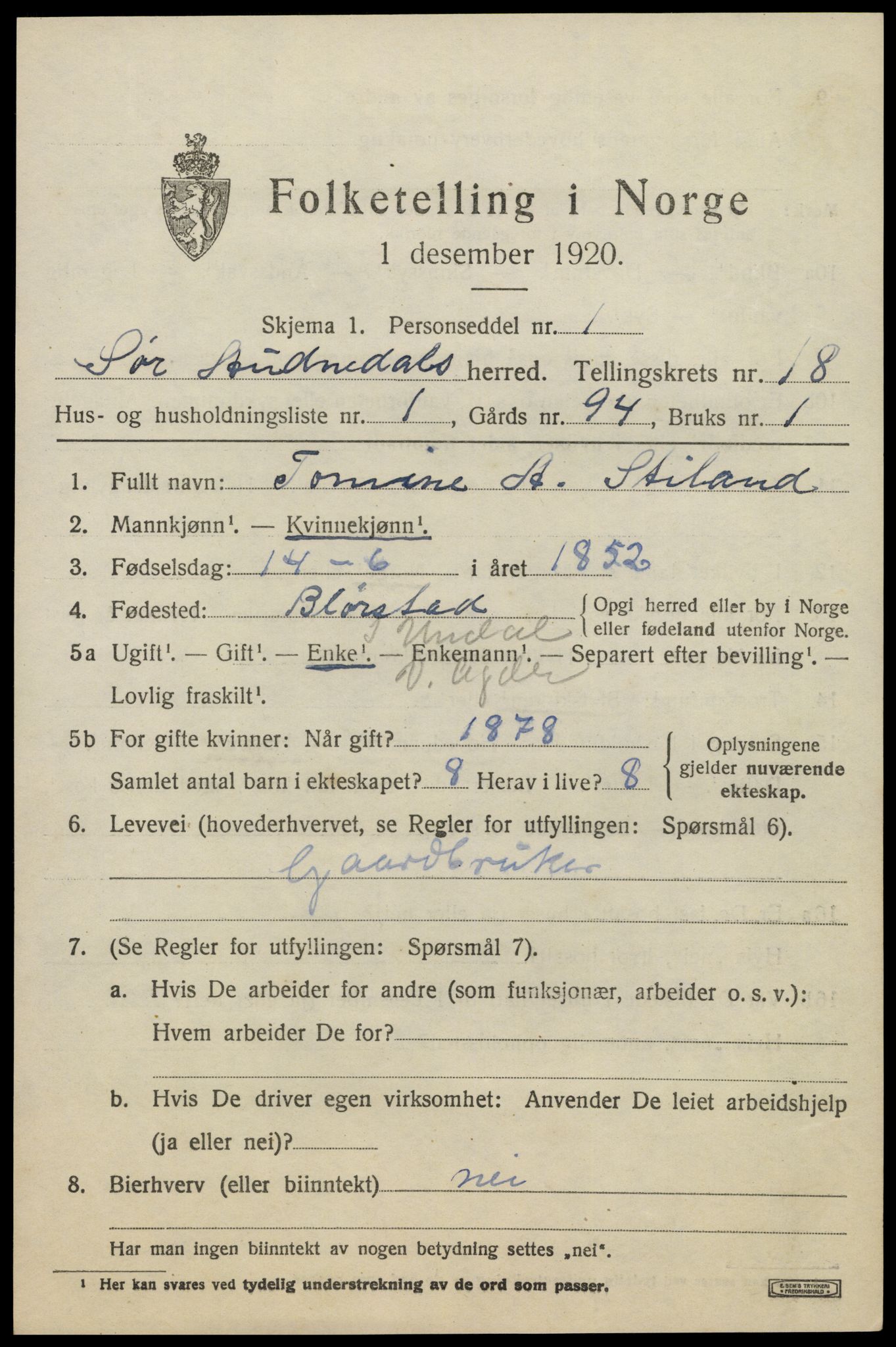 SAK, 1920 census for Sør-Audnedal, 1920, p. 6519