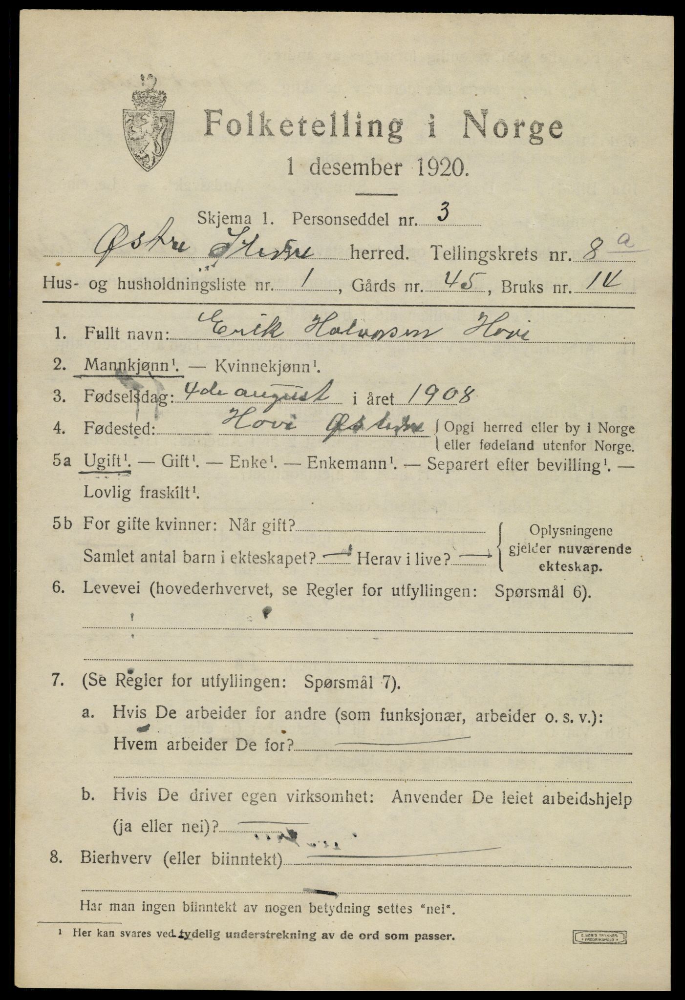 SAH, 1920 census for Øystre Slidre, 1920, p. 4765