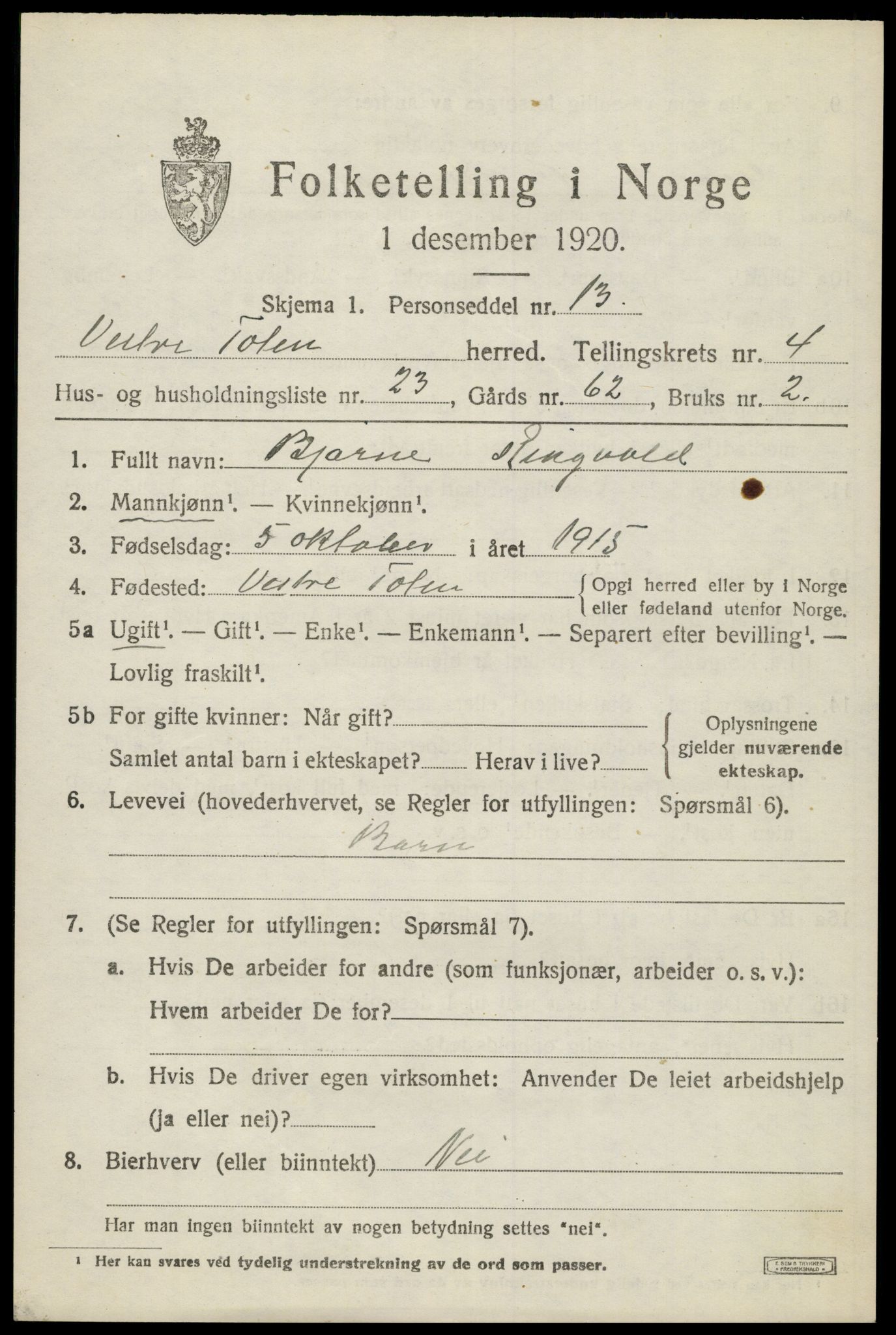 SAH, 1920 census for Vestre Toten, 1920, p. 5894