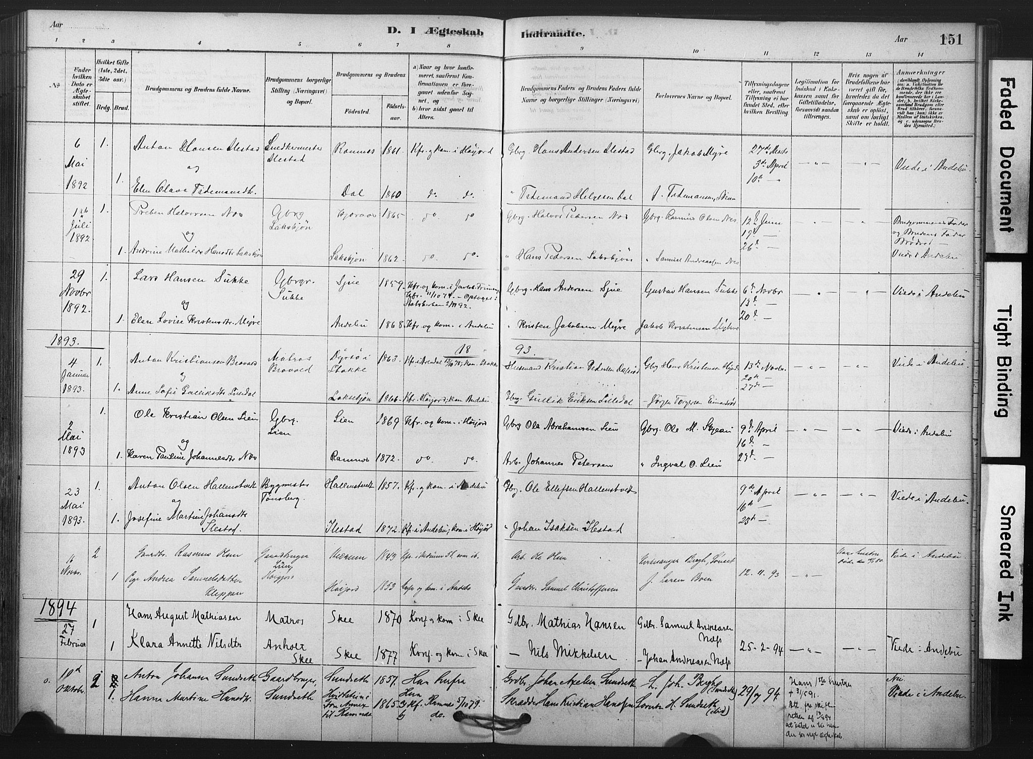 Andebu kirkebøker, SAKO/A-336/F/Fa/L0009: Parish register (official) no. 9, 1878-1909, p. 151