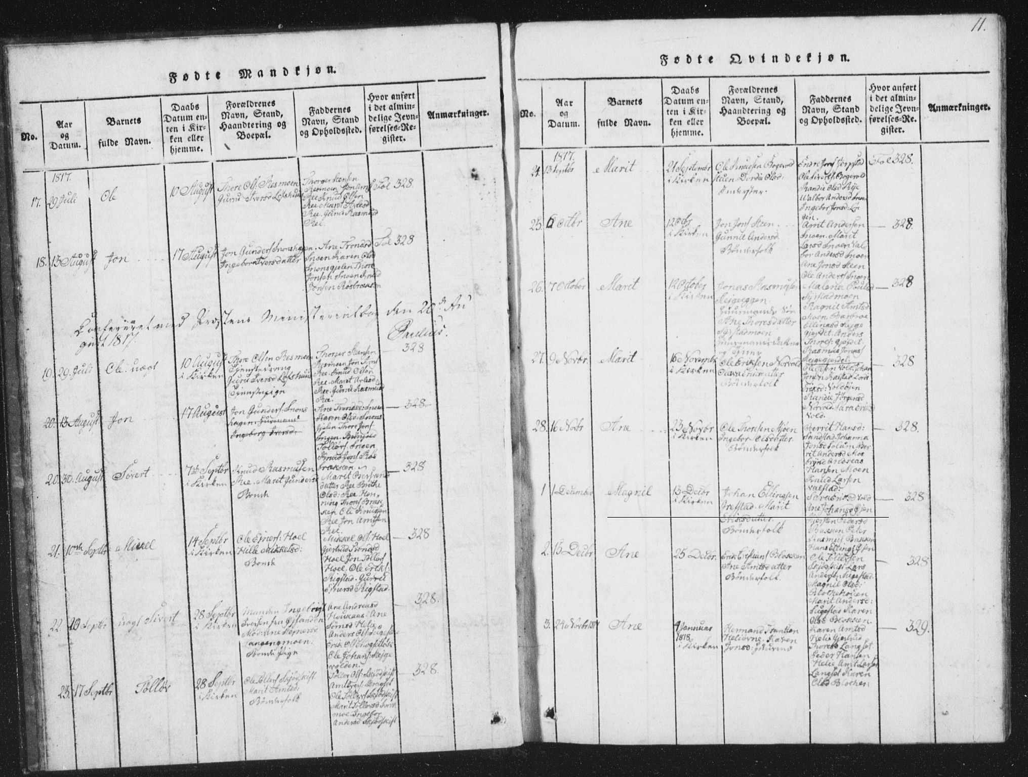 Ministerialprotokoller, klokkerbøker og fødselsregistre - Sør-Trøndelag, AV/SAT-A-1456/672/L0862: Parish register (copy) no. 672C01, 1816-1831, p. 11