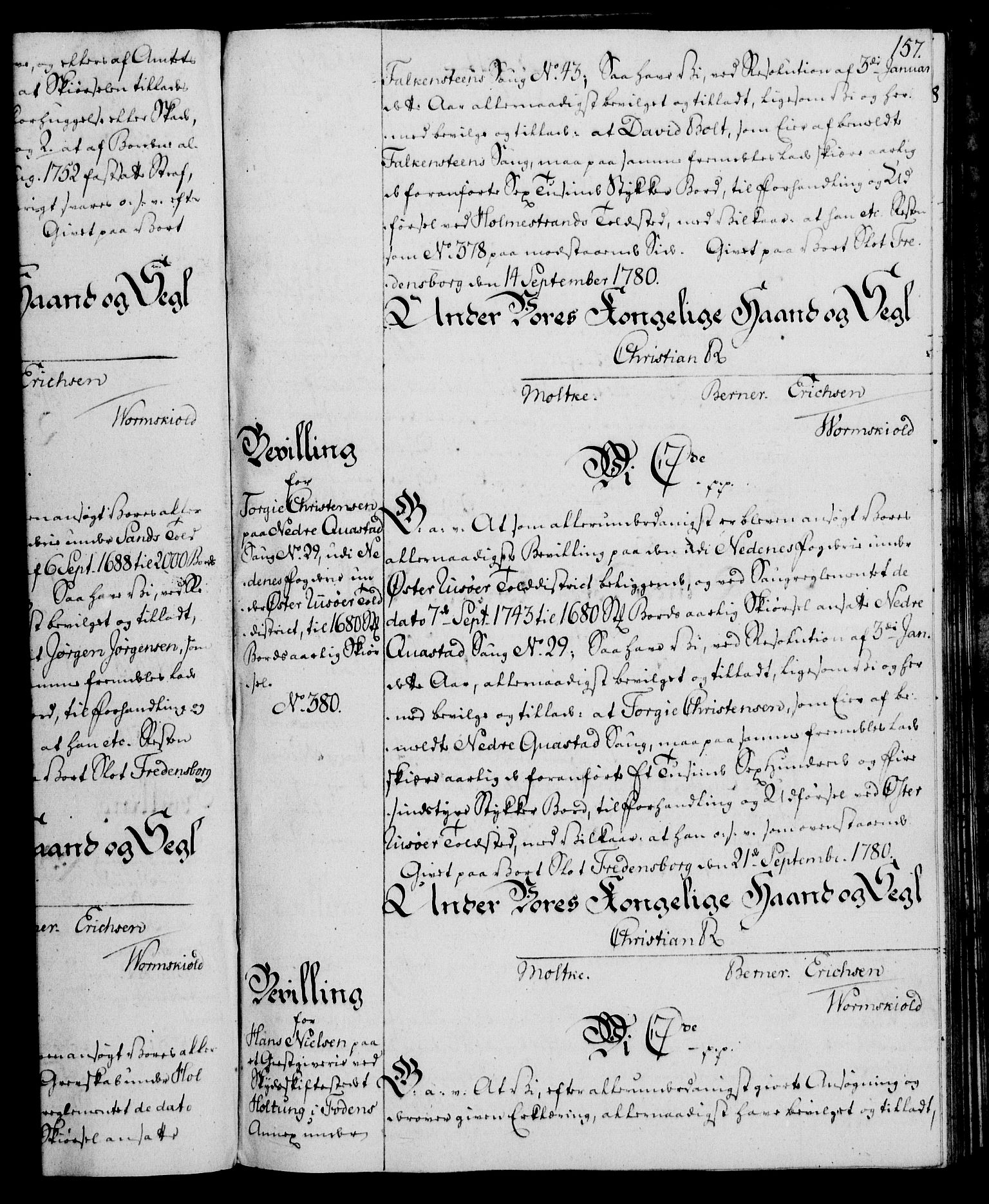 Rentekammeret, Kammerkanselliet, AV/RA-EA-3111/G/Gg/Gga/L0011: Norsk ekspedisjonsprotokoll med register (merket RK 53.11), 1779-1781, p. 157