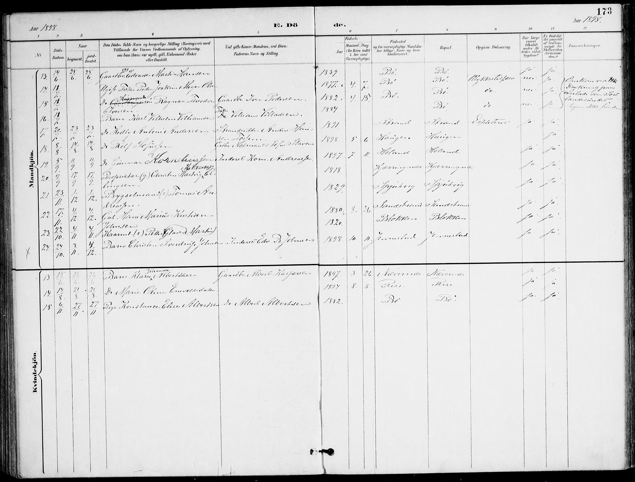 Ministerialprotokoller, klokkerbøker og fødselsregistre - Nordland, AV/SAT-A-1459/895/L1372: Parish register (official) no. 895A07, 1894-1914, p. 173