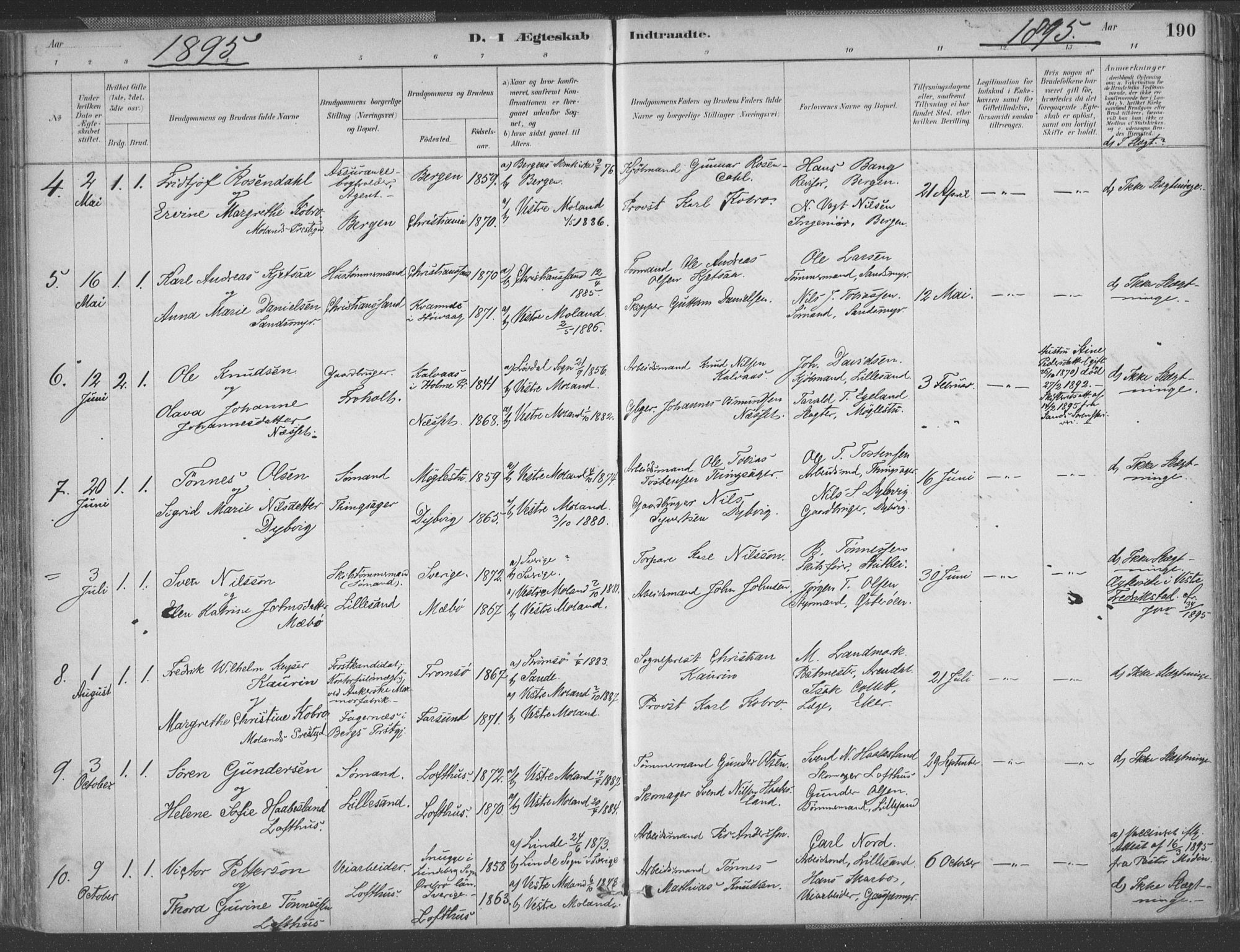 Vestre Moland sokneprestkontor, AV/SAK-1111-0046/F/Fa/Fab/L0009: Parish register (official) no. A 9, 1884-1899, p. 190