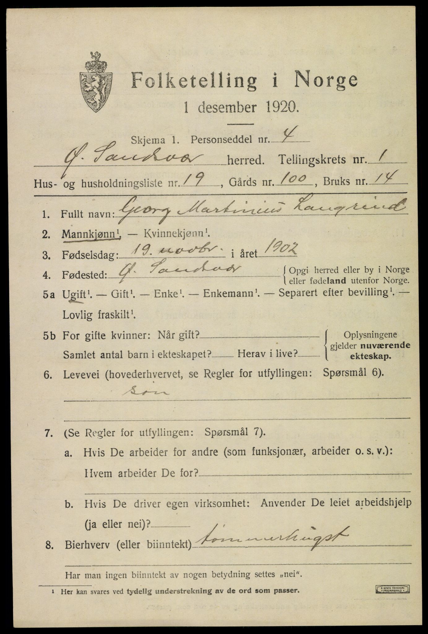 SAKO, 1920 census for Øvre Sandsvær, 1920, p. 1178