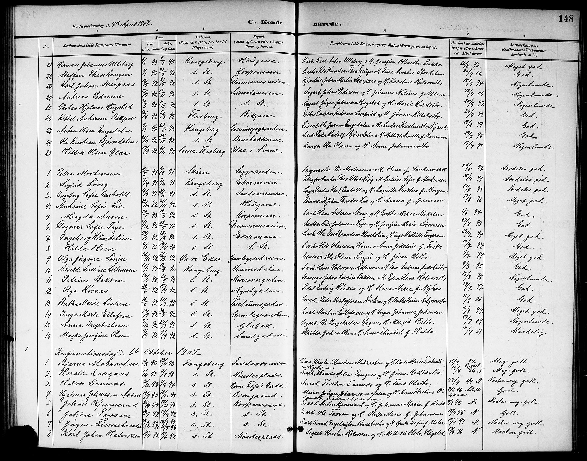 Kongsberg kirkebøker, AV/SAKO-A-22/G/Ga/L0007: Parish register (copy) no. 7, 1901-1915, p. 148