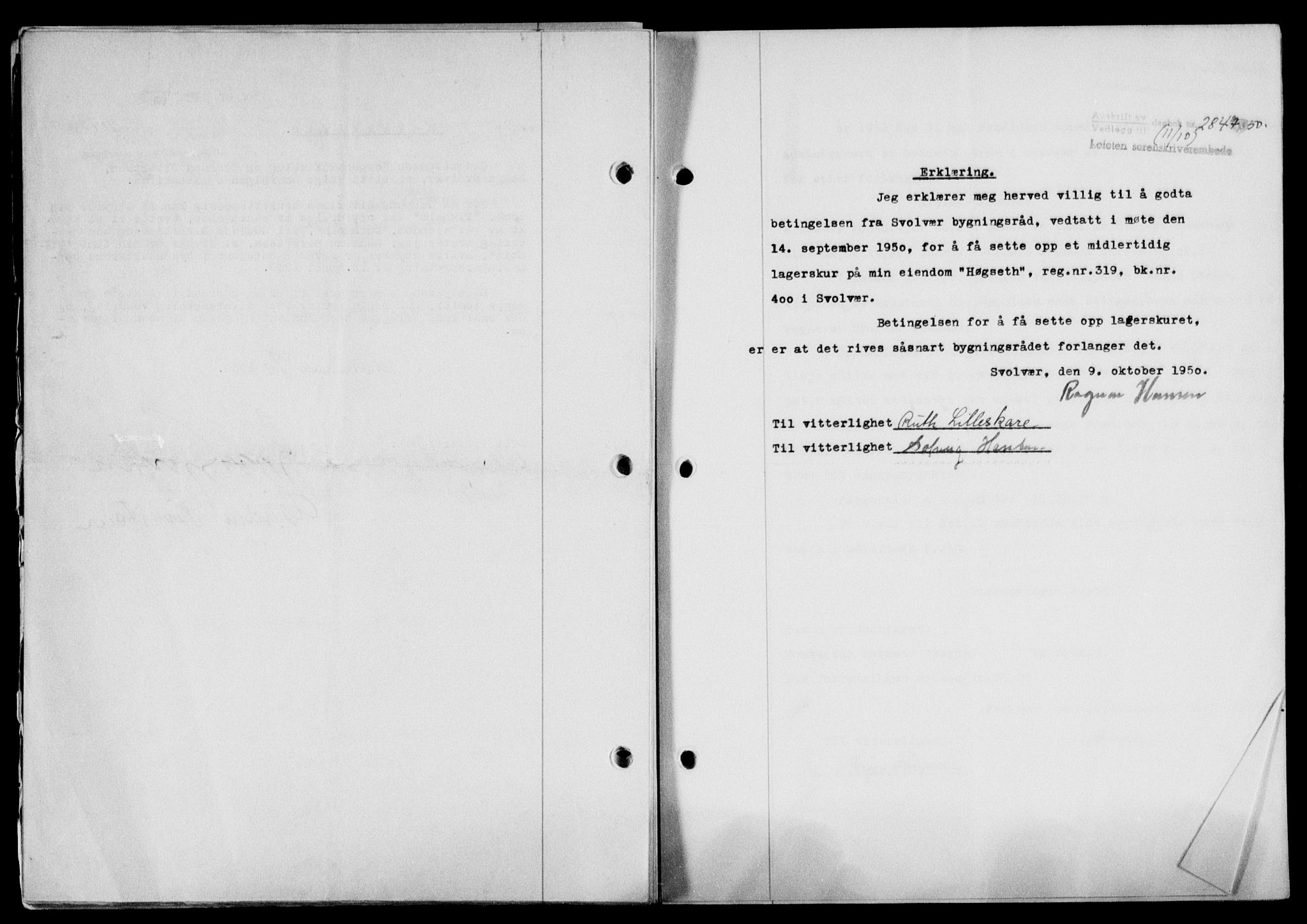 Lofoten sorenskriveri, SAT/A-0017/1/2/2C/L0024a: Mortgage book no. 24a, 1950-1950, Diary no: : 2847/1950
