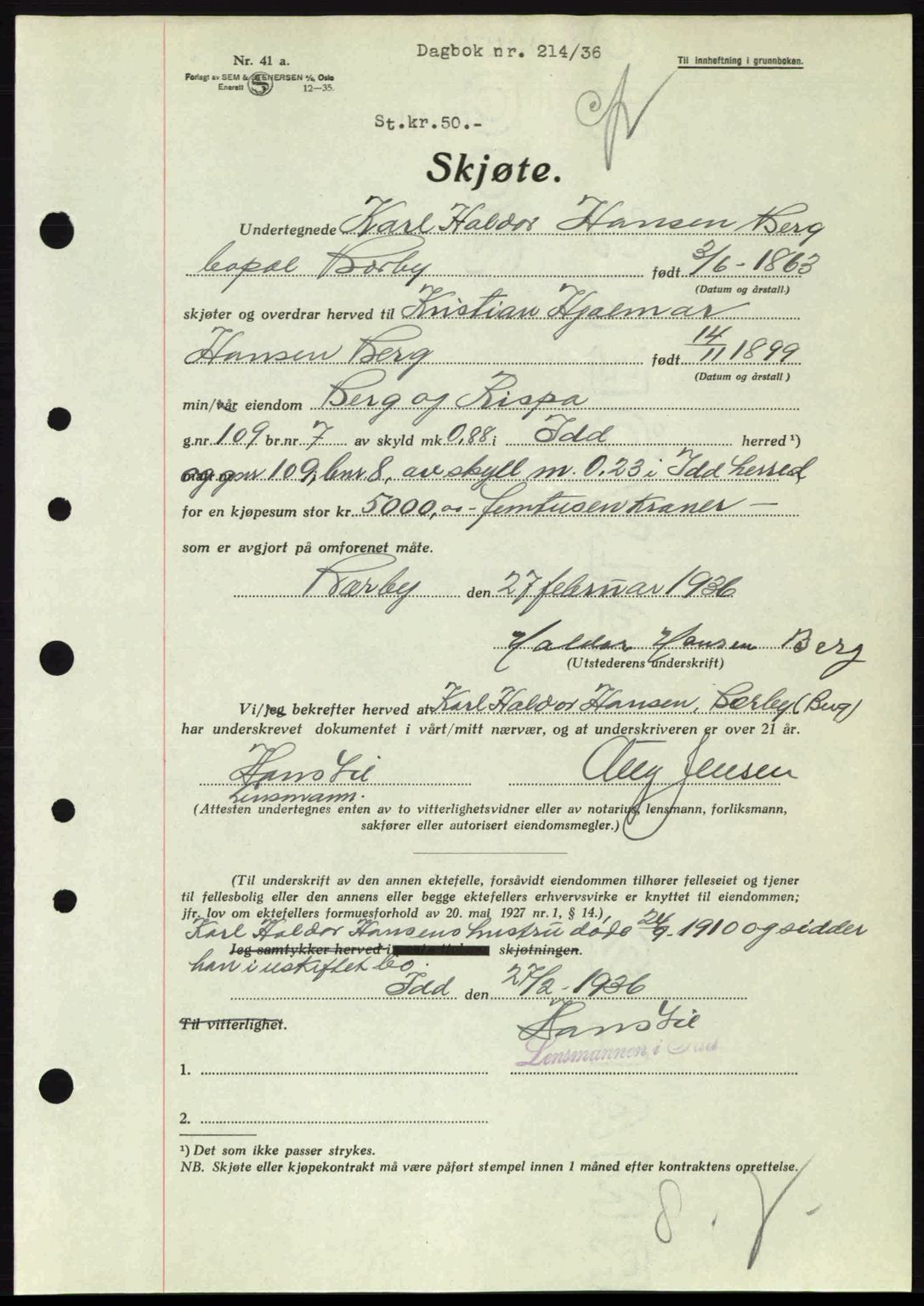 Idd og Marker sorenskriveri, AV/SAO-A-10283/G/Gb/Gbb/L0001: Mortgage book no. A1, 1936-1937, Diary no: : 214/1936