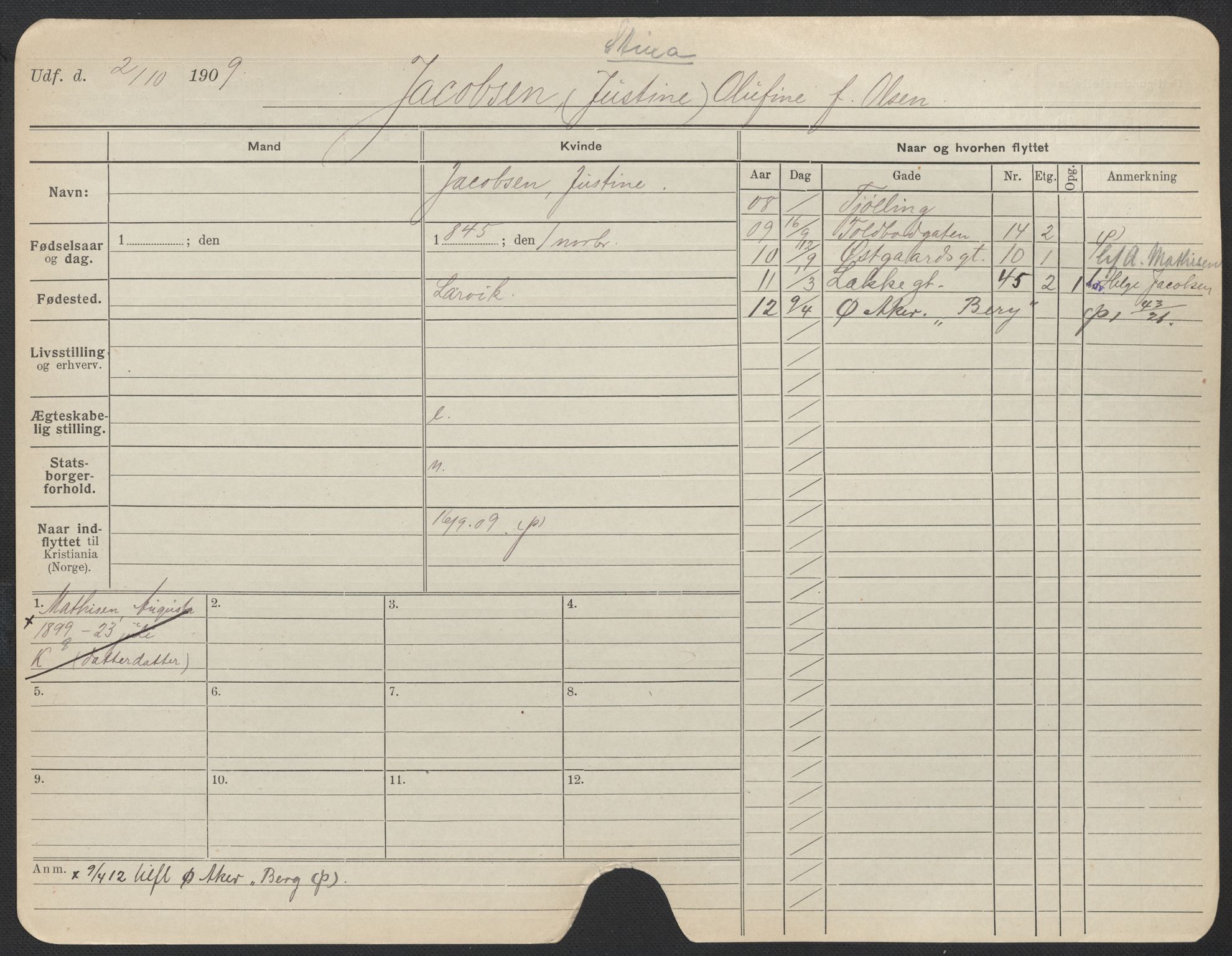 Oslo folkeregister, Registerkort, AV/SAO-A-11715/F/Fa/Fac/L0017: Kvinner, 1906-1914, p. 221a