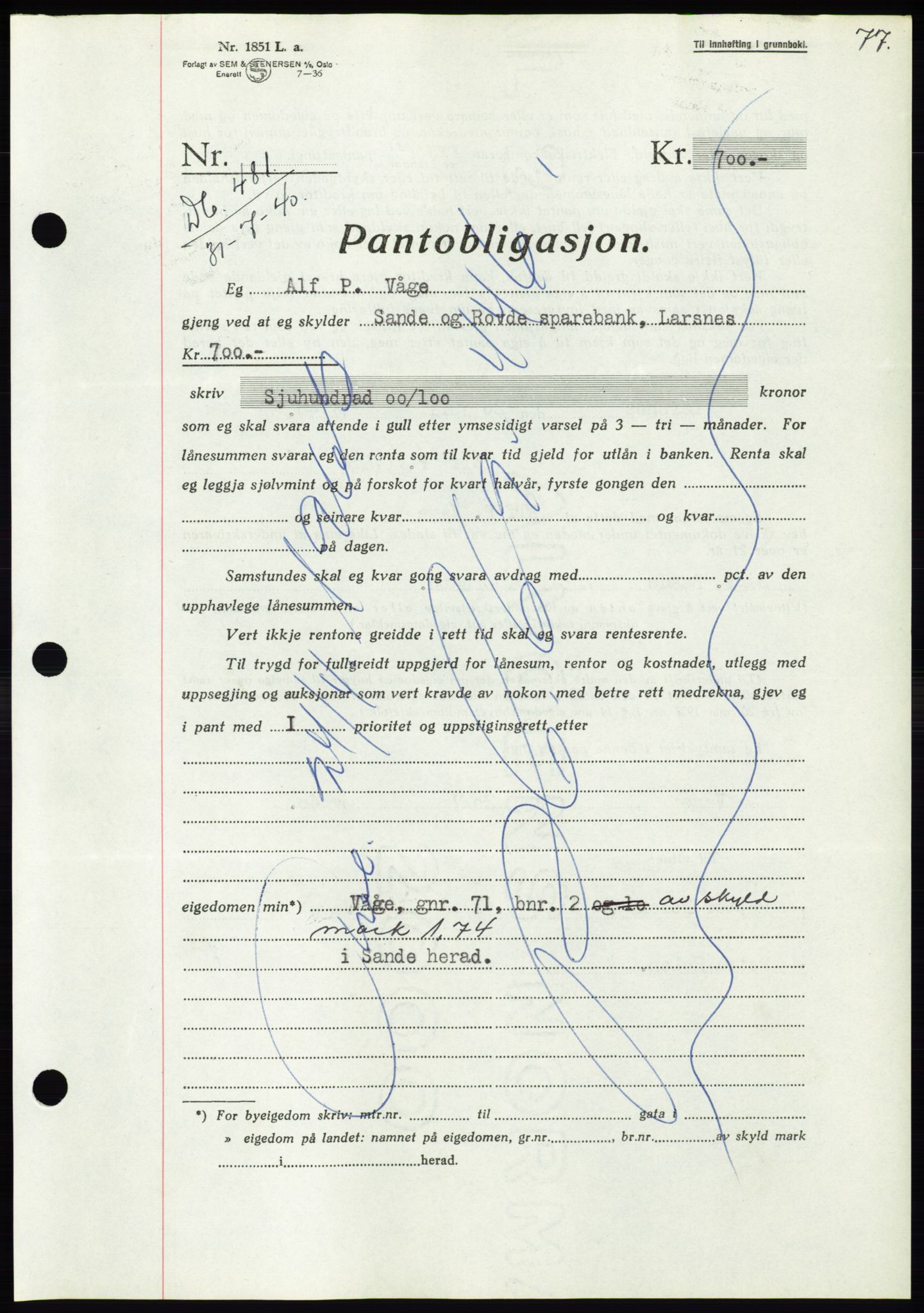 Søre Sunnmøre sorenskriveri, AV/SAT-A-4122/1/2/2C/L0070: Mortgage book no. 64, 1940-1941, Diary no: : 481/1940