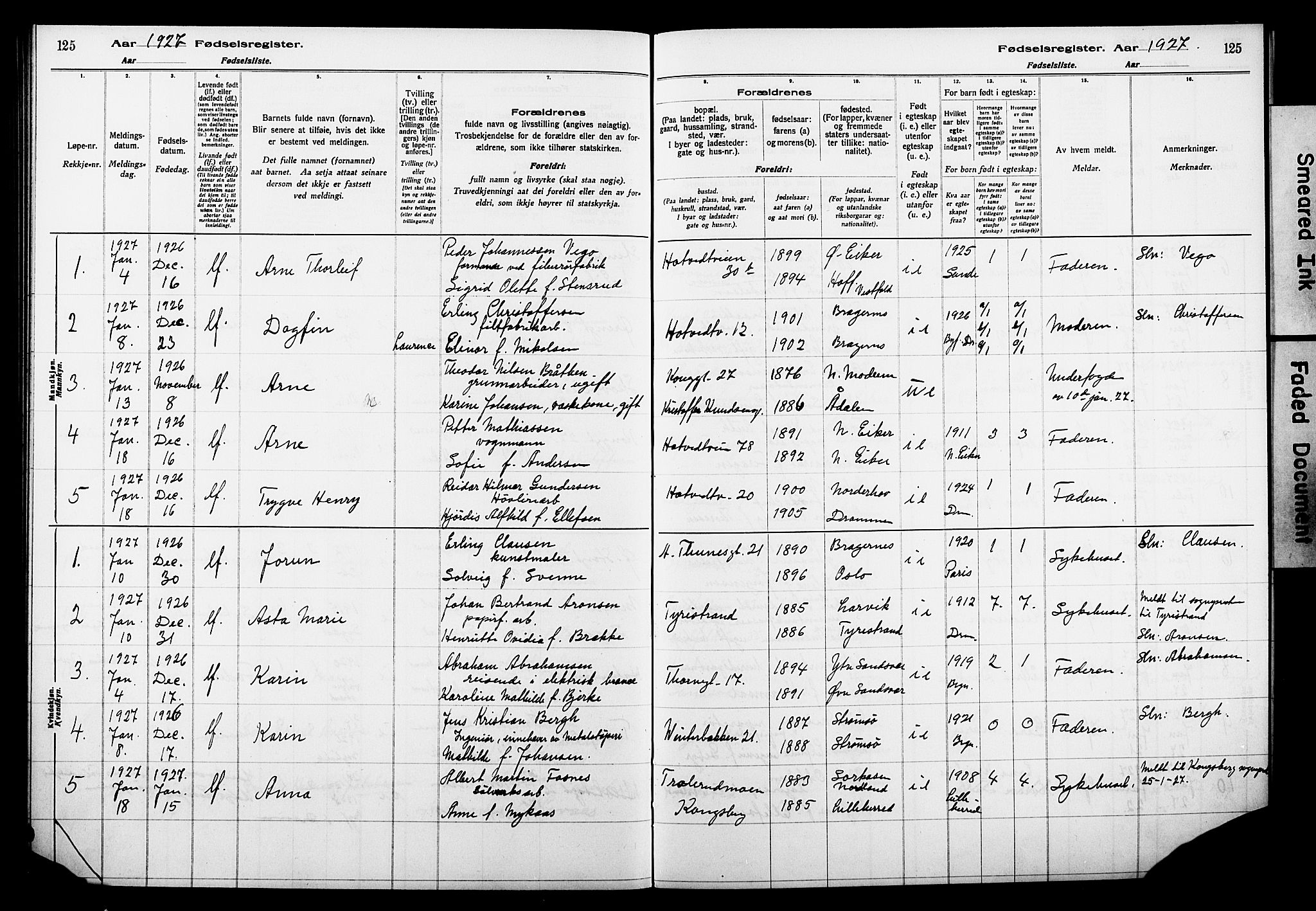 Bragernes kirkebøker, AV/SAKO-A-6/J/Ja/L0002: Birth register no. 2, 1922-1930, p. 125