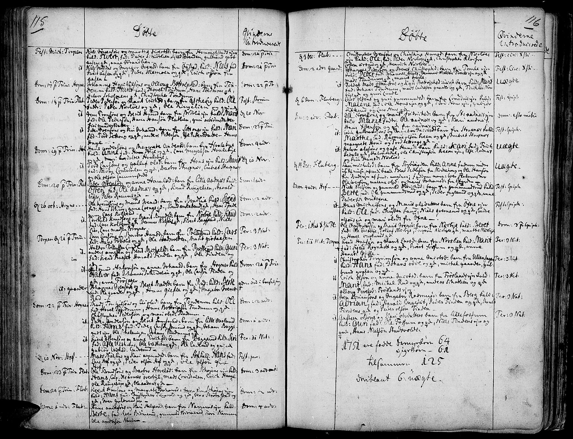 Land prestekontor, AV/SAH-PREST-120/H/Ha/Haa/L0002: Parish register (official) no. 2, 1733-1764, p. 115-116