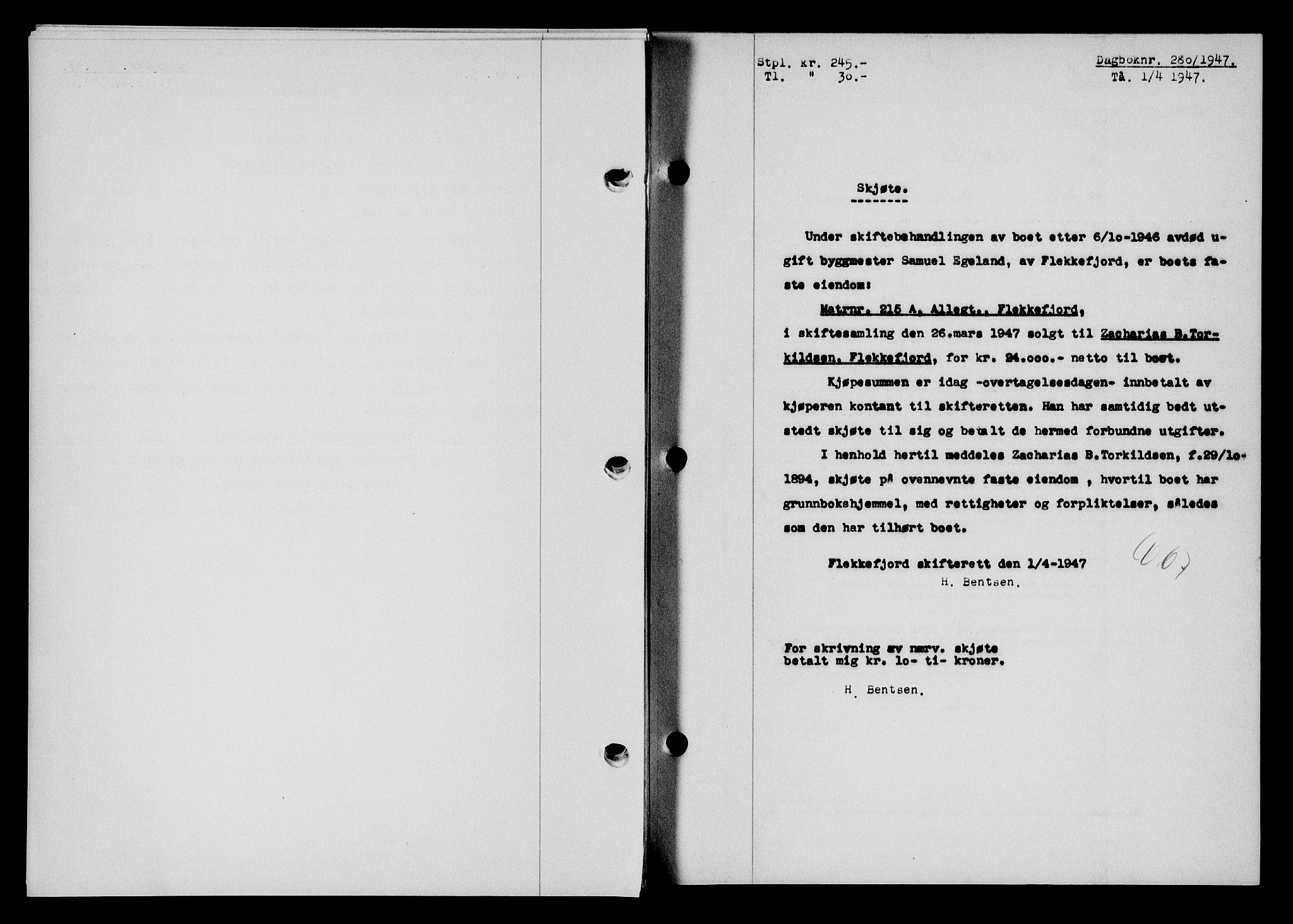 Flekkefjord sorenskriveri, AV/SAK-1221-0001/G/Gb/Gba/L0061: Mortgage book no. A-9, 1946-1947, Diary no: : 280/1947