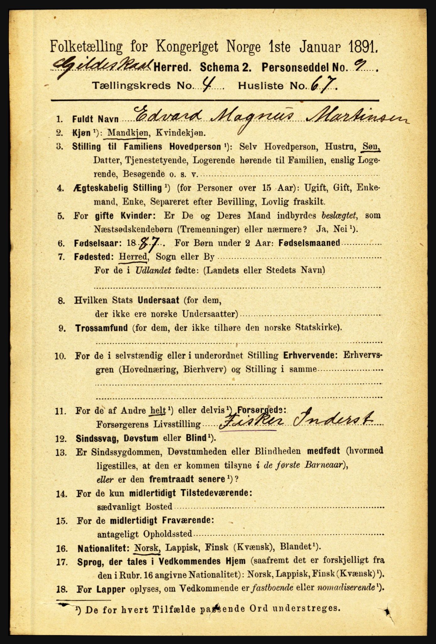 RA, 1891 census for 1838 Gildeskål, 1891, p. 1508