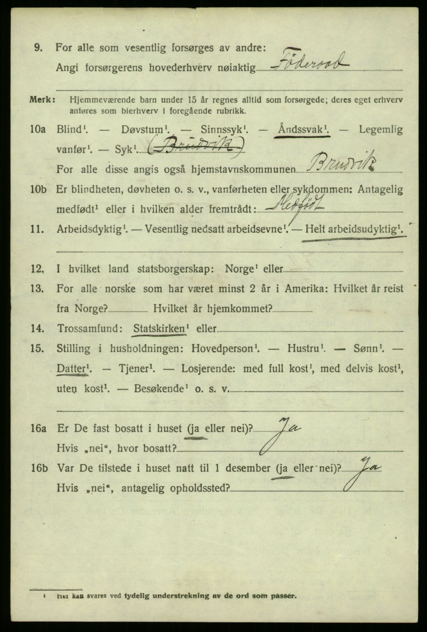 SAB, 1920 census for Bruvik, 1920, p. 5013