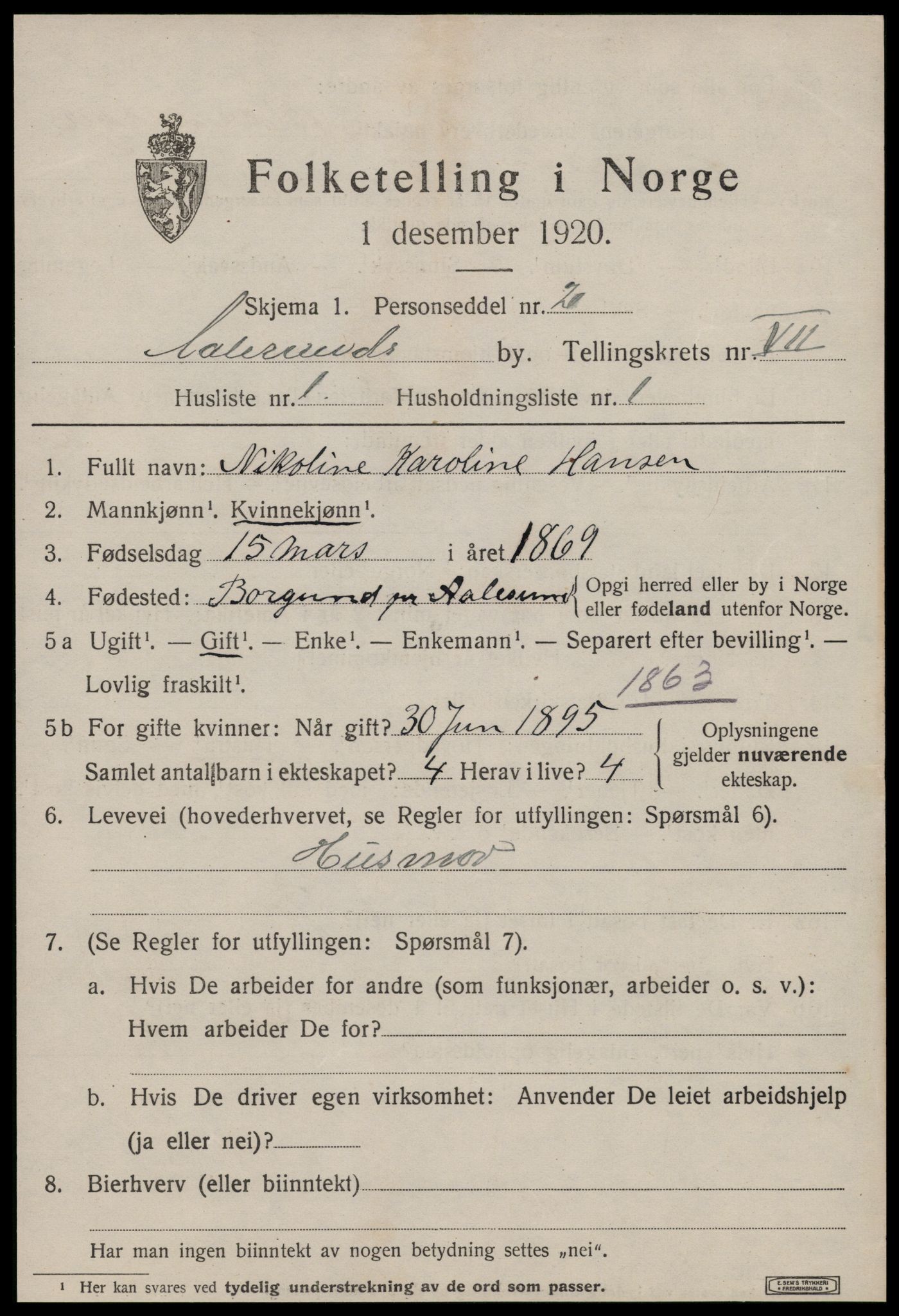 SAT, 1920 census for Ålesund, 1920, p. 19036